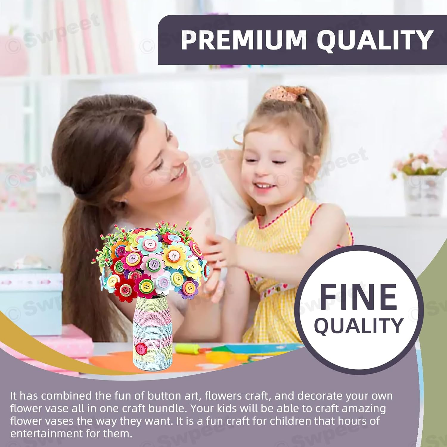 Swpeet 253Pcs Flower Craft Kit, Make Your Own Flower Bouquet with Buttons Felt Flowers, DIY Activity Supplies Vase Art and Craft Kits for Most Craft Project image number 5