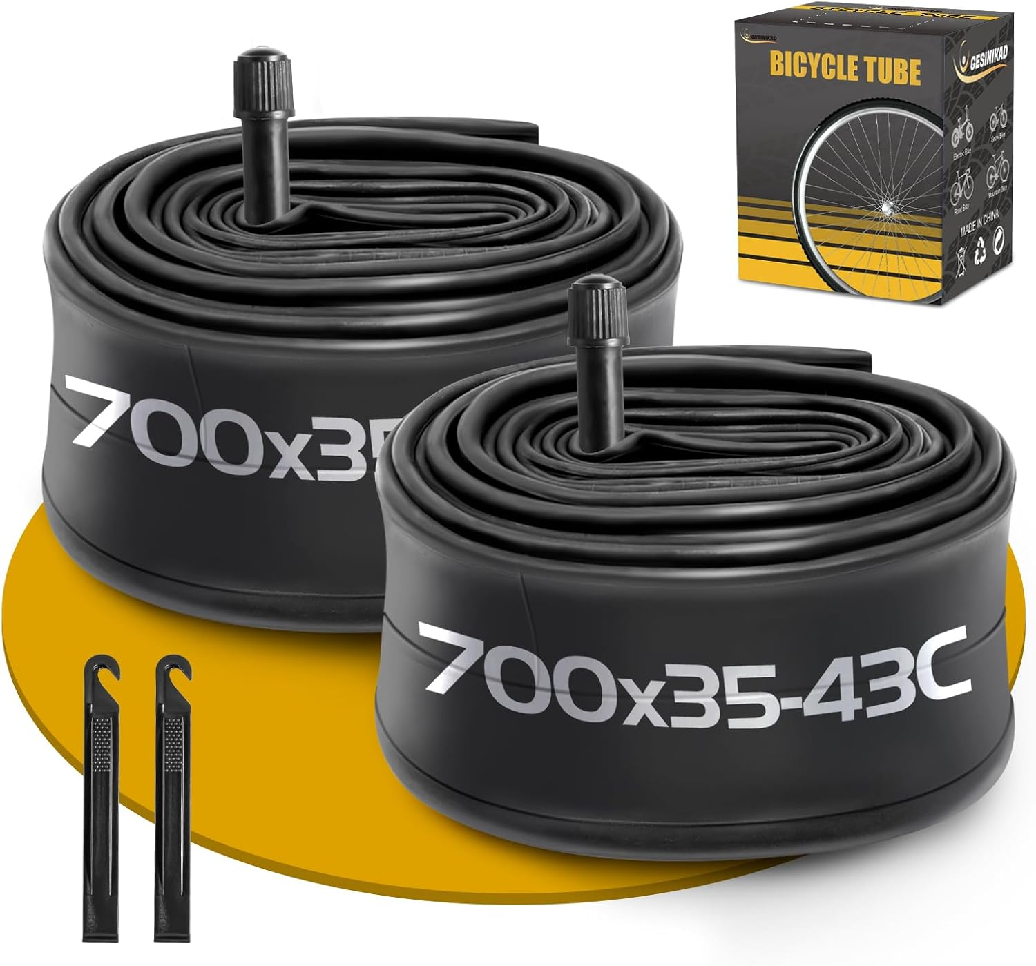 2 Pack 700 X 35-43C Road Bike Tubes, Bicycle Tube Compatible with 700 X 35C/36C/37C/38C/39C/40C/41C/42C/43C Bike Tire, Butyl Rubber Inner Tube with 2 Tire Levers for Road Bike image number 3
