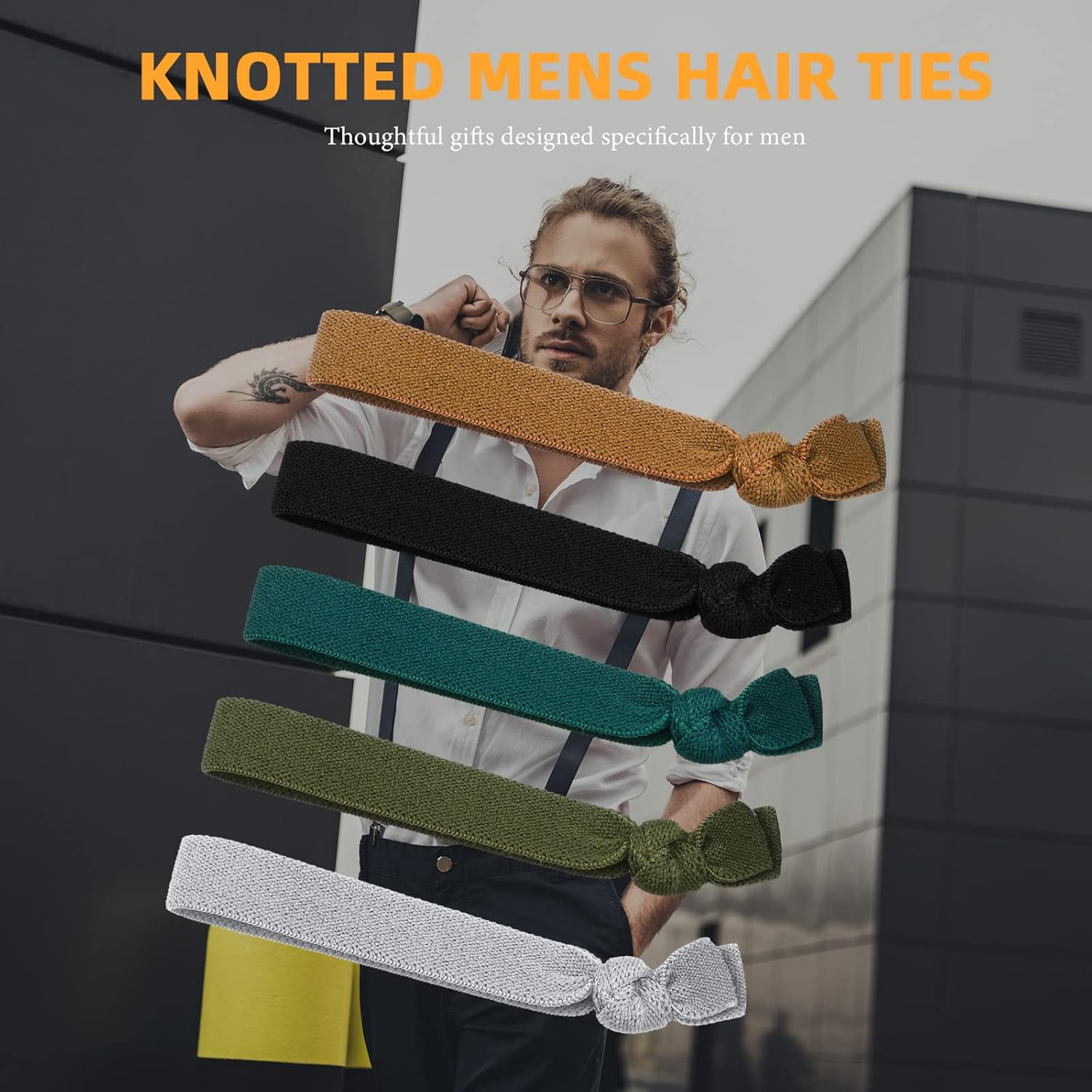 Juexica 30 Pcs Knotted Mens Hair Ties, Elastic Flat Man Bun Hair Tie for Men, Hair Ties for Long Curly Long Hair (Multicolored) - Black image number 7