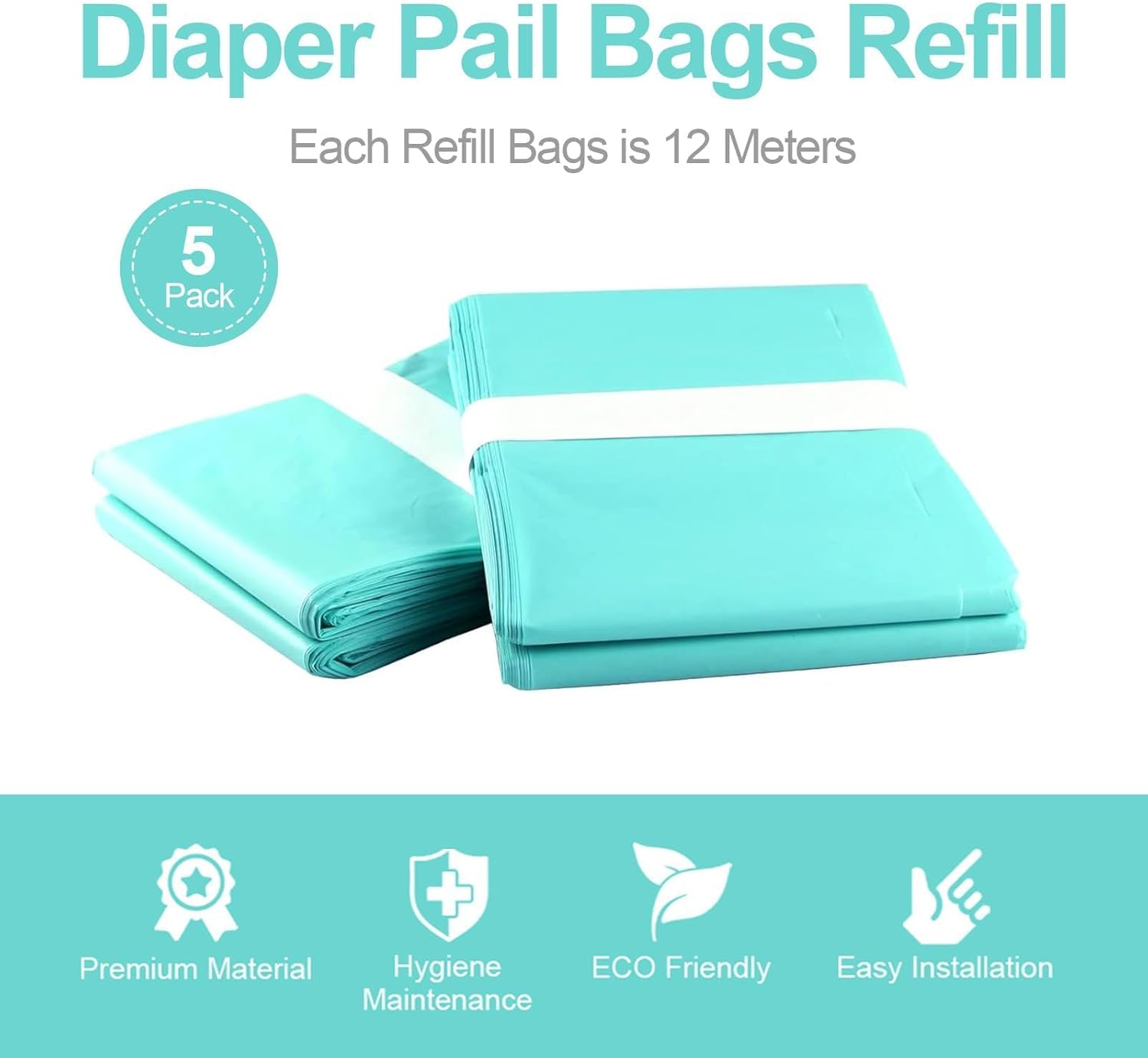 Liner Refills Compatible with Korbell 16L Nappy Bin-5 Rolls (60M) Diaper Disposal Bags-Holds up to 880 Nappies-Tear-Resistant & Leak-Proof Refill Bags image number 2
