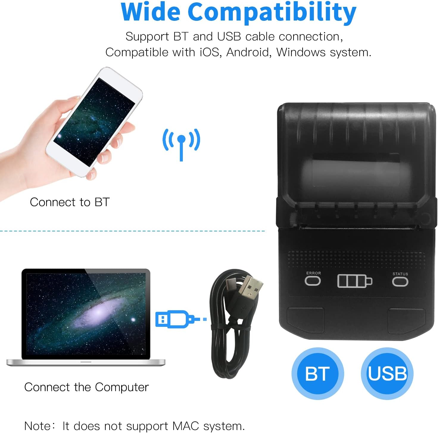 Receipt Printer, 58Mm Thermal Receipt Printer Wireless BT Mini Bill Ticket POS Mobile Printer with Rechargeable Battery Support ESC/POS Ios Windows for Restaurant Supermarket Retail image number 2