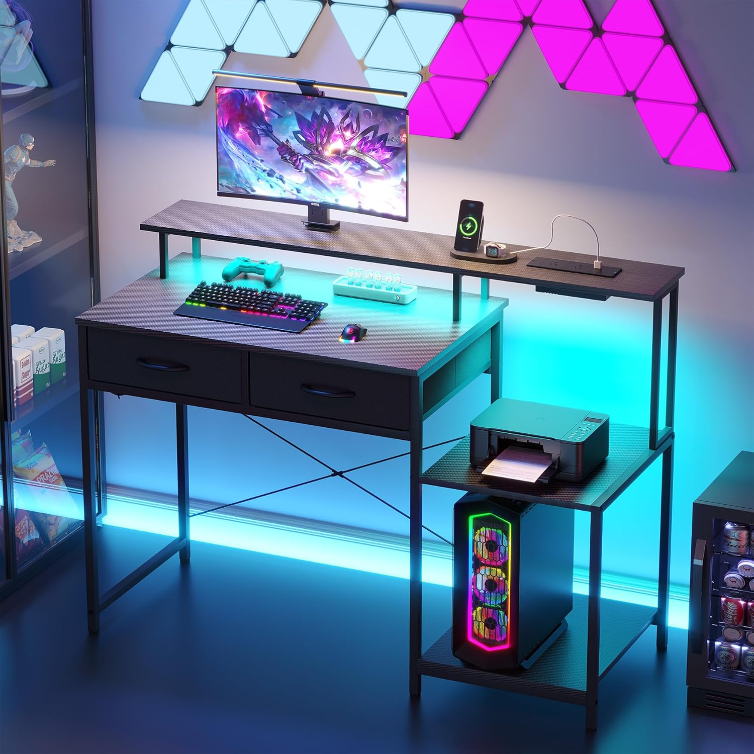 Advwin 120Cm Gaming Desk with LED Lights & Power Outlets Reversible Printer Storage Shelf Computer Desk with Drawers & Headphone Hook Black