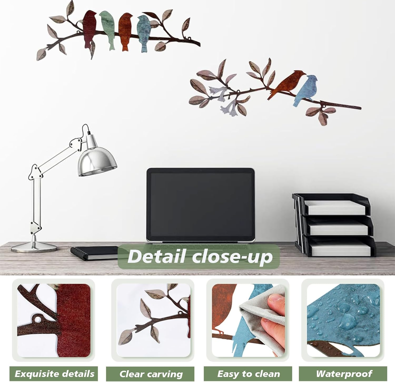 2 Pcs Metal Birds Hanging Bird Picture Wall Decor, Vivid Birds on Branch Art, Metal Silhouette Sculpture, Colorful Leaves Rustic Decor, for Balcony Garden, Indoor & Outdoor (Black) image number 3