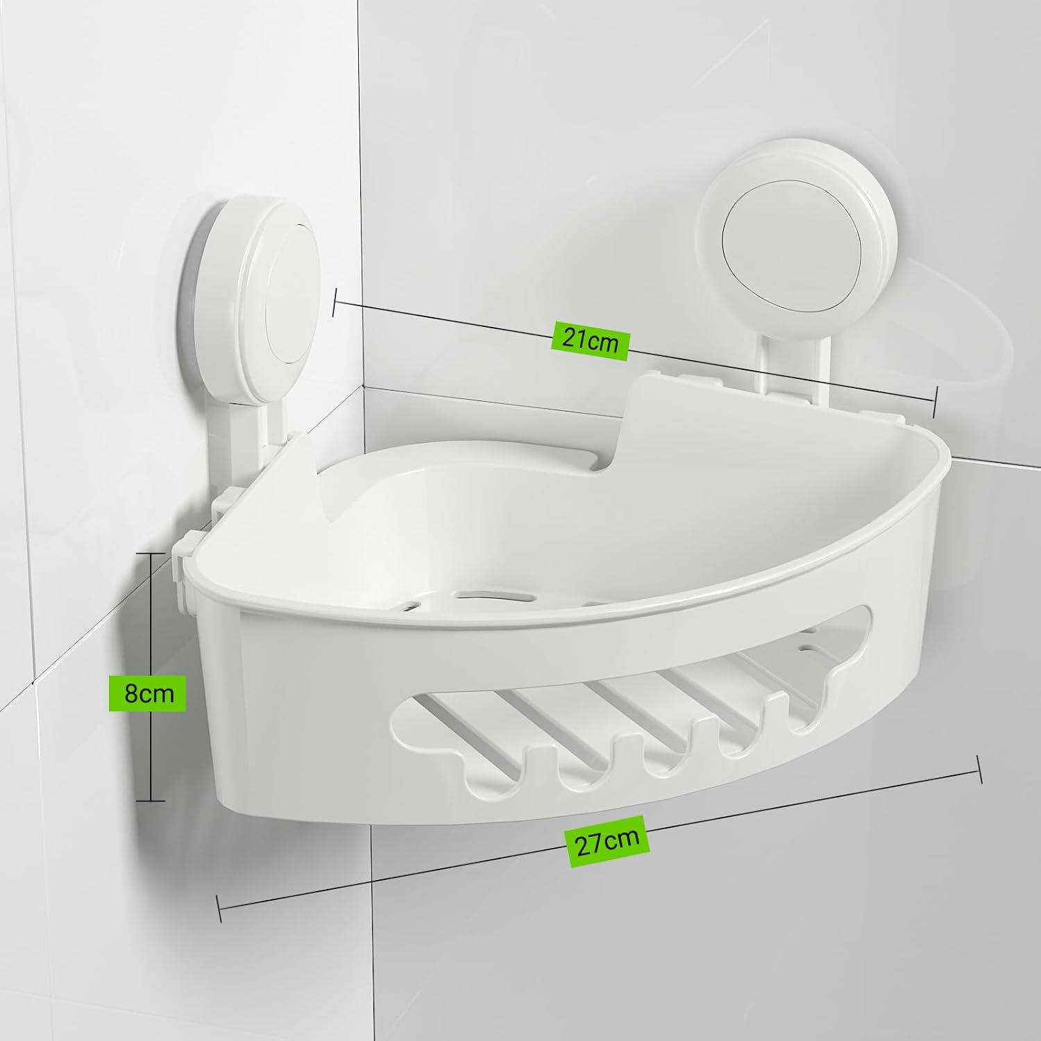 Ilikable Corner Shower Caddy, Vacuum Suction Cup Shower Organizer No-Drilling Removable Shower Shelf with Hooks Wall Mounted Corner Shower Storage Basket for Shampoo Conditioner Razors Soap - White