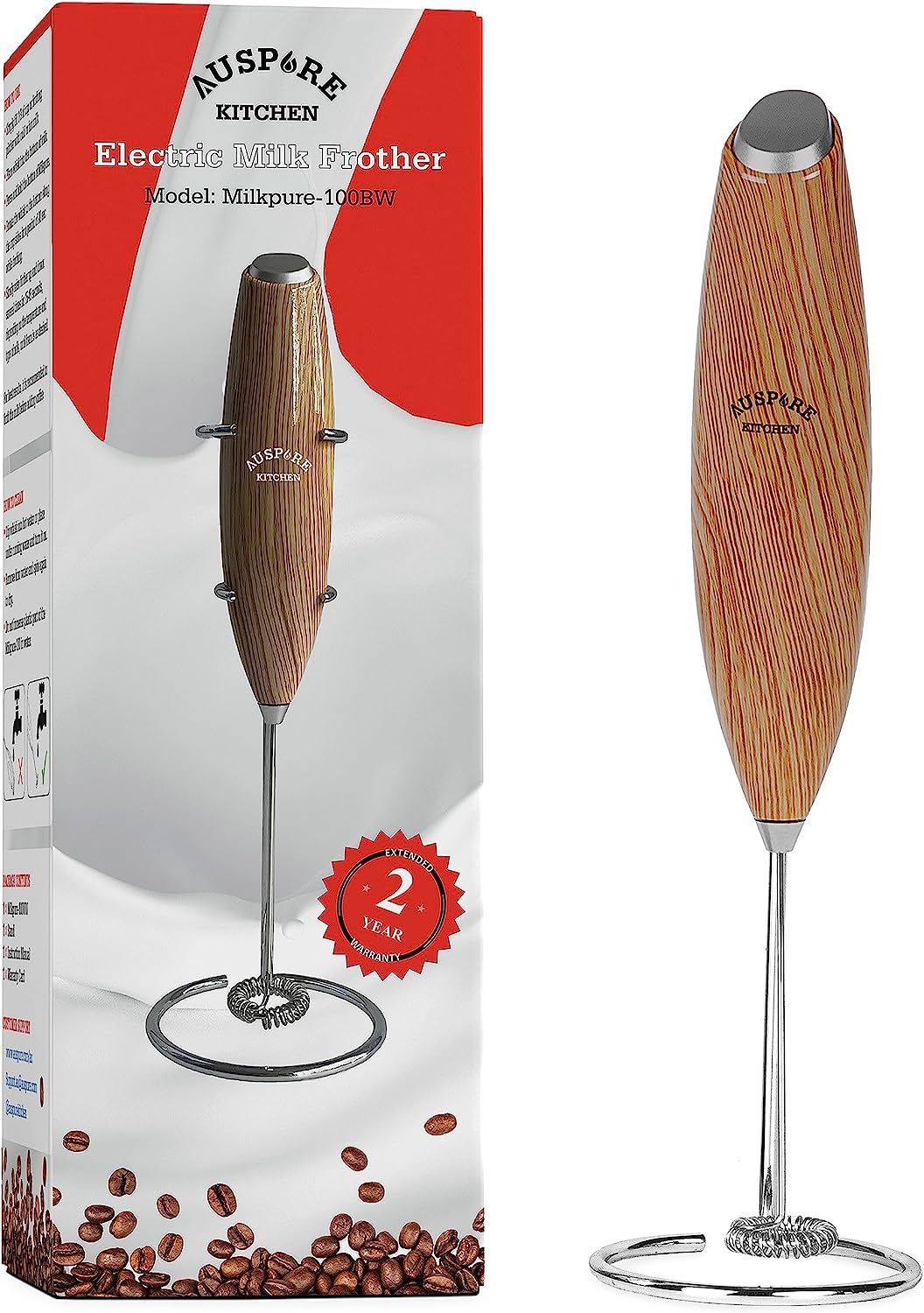 AUSPURE Milk Frother Handheld, Electric Stainless Steel Whisk, for Coffee Latte, Cappuccino, Hot Chocolate, Matcha & Protein Drinks - Battery Operated, Brown Wood image number 4