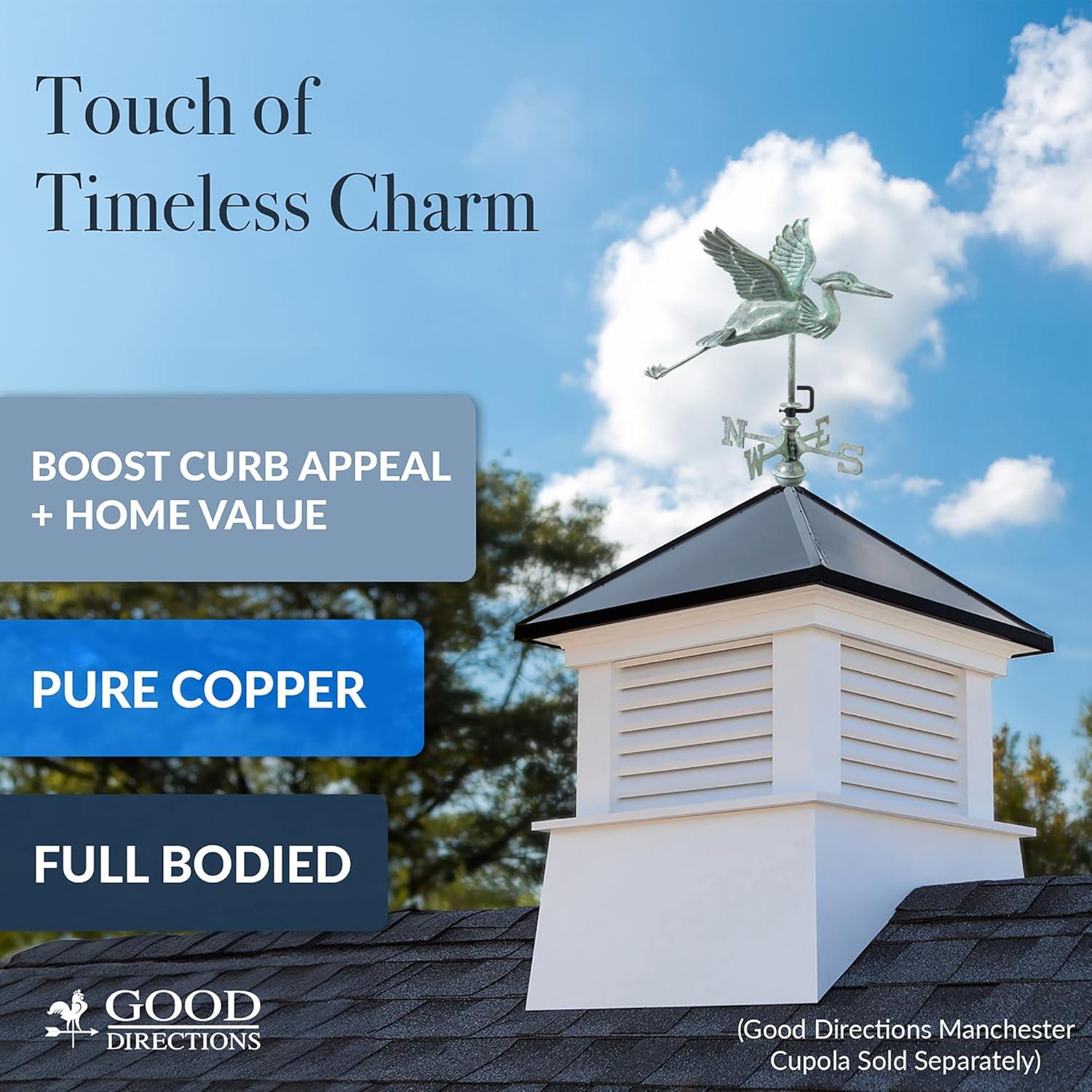 Good Directions Blue Heron Cottage Weathervane, Includes Roof Mount, Blue Verde Copper, Patina image number 3