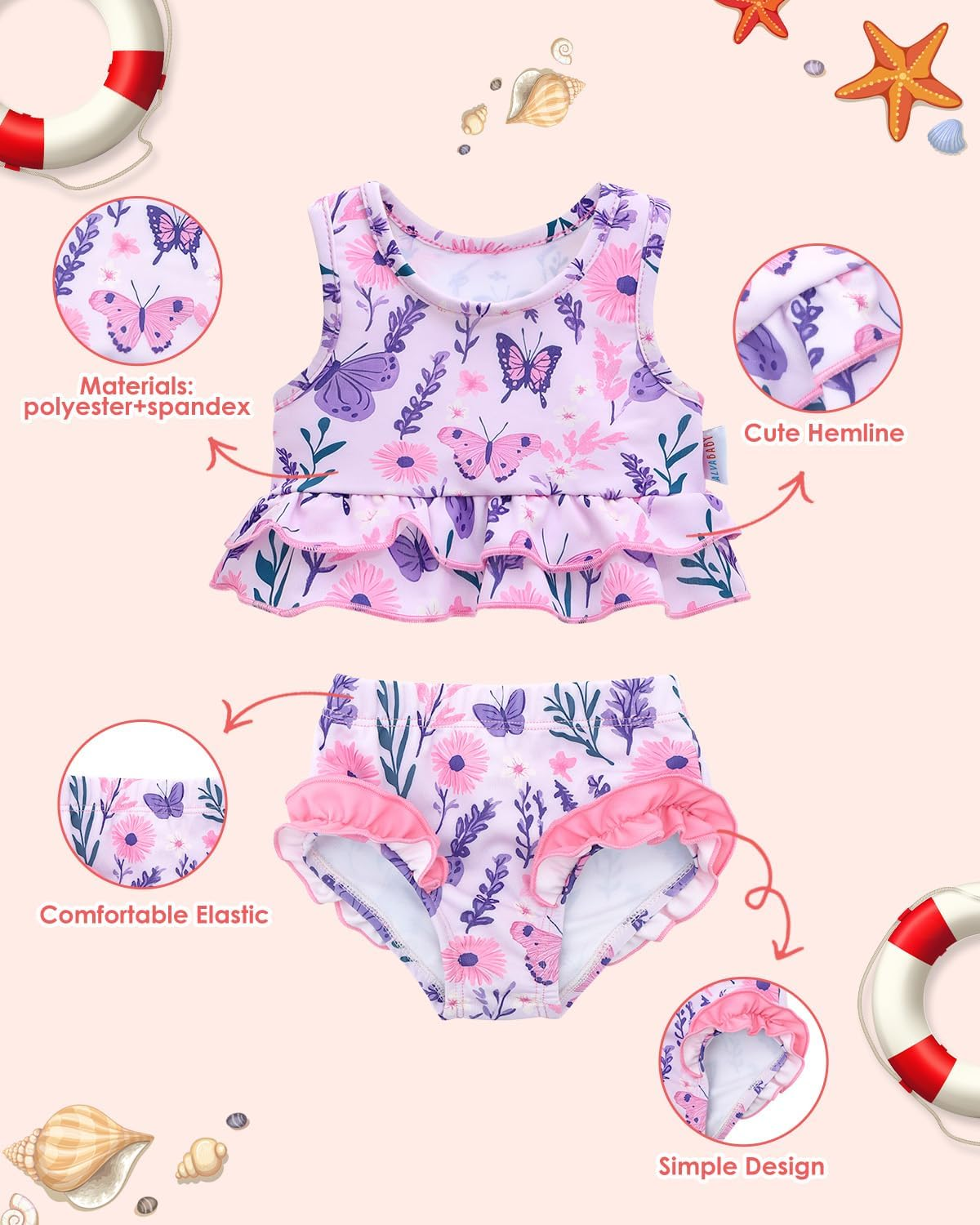 ALVABABY Baby Girl Swimsuit 2 Piece Toddler Bathing Sleeveless Bikinis Swimwear Matching Top Beach Pool Swimming Lesson ST-G01-6-12M-AU image number 1