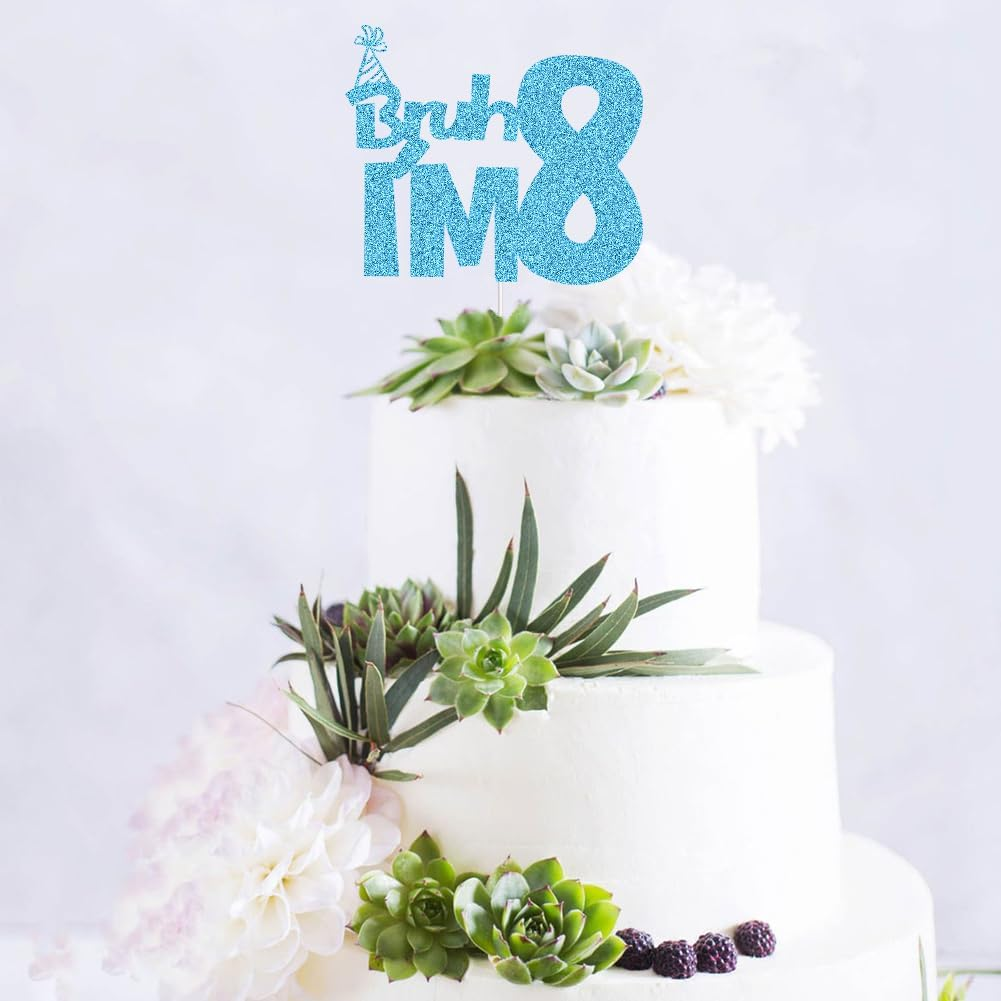 XIUHUBA Bruh I'M 8 Cake Topper, Happy 8Th Birthday Cake Decor, Kids Boys 8Th Birthday Party Decorations, Funny Eight Years Old Birthday Party Supplies Blue Glitter image number 2