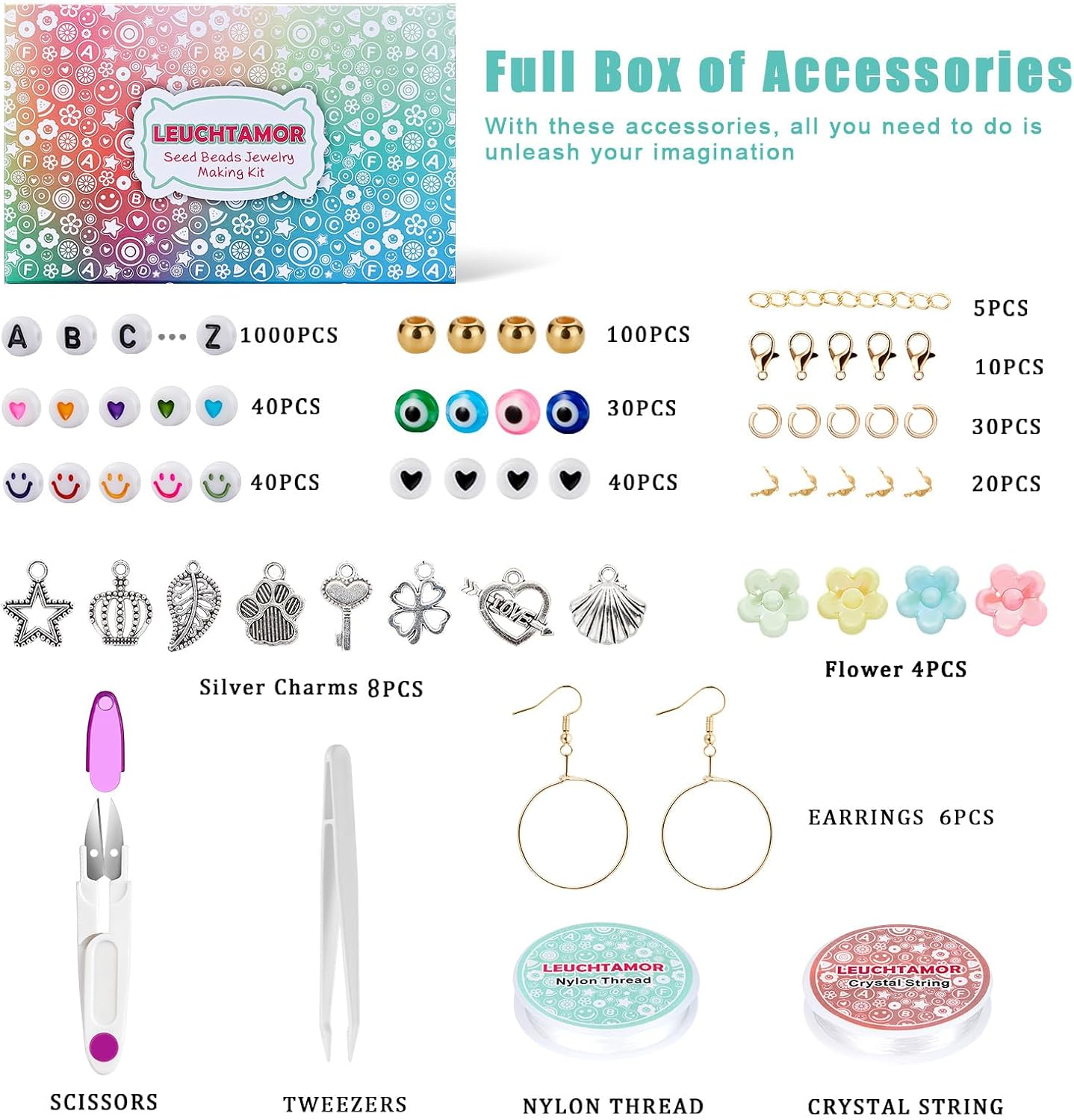 LEUCHTAMOR 4Mm Glass Seed Beads, 6600Pcs 28 Colors Seed Beads for Bracelets, 1000Pcs Letter Beads for Making Name Friendship Bracelets Jewelry Crafts in Plastic Box with Elastic Cord for Adult image number 1