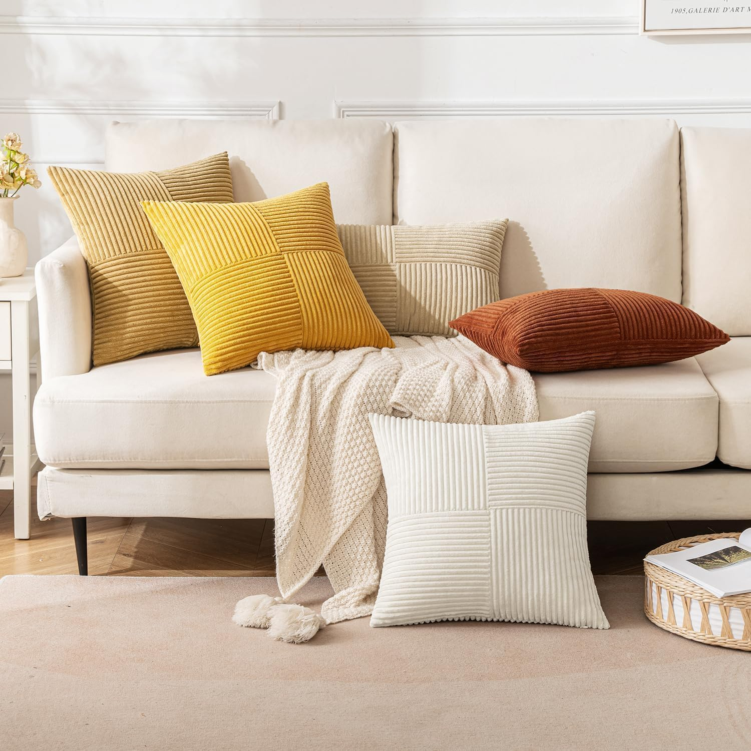 2 Pack Beige Boho Decorative Corduroy Throw Pillow Covers 18X18 Inch Soft Pillow Covers Solid Pillowcases Cross Patchwork Textured Cushion Covers for Living Room Decor Couch Bed Sofa-Yellow - Creamy White image number 5