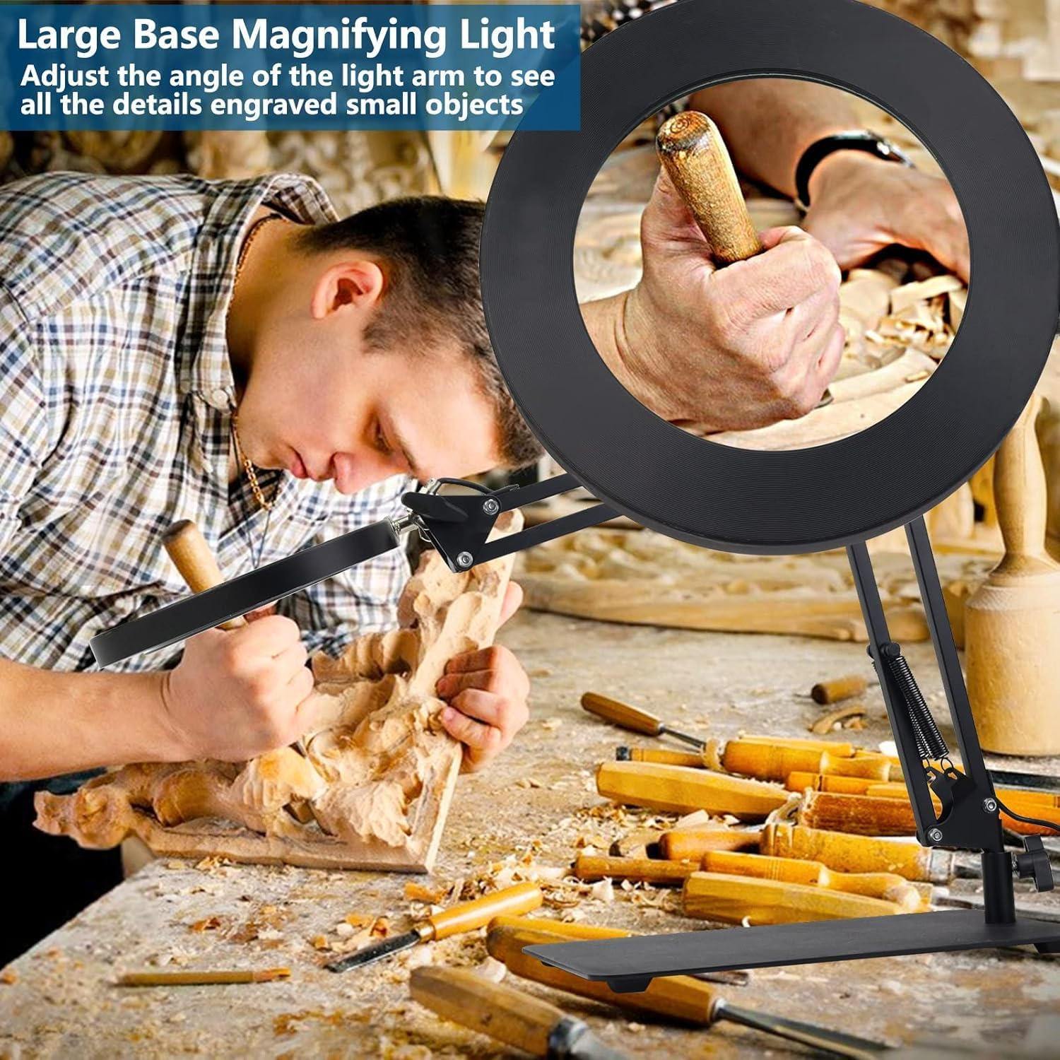 10X Magnifying Glass with Light and Stand, Magnifying Led Desk Lamp, Adjustable Color and Brightness Reading Light Ring Light for Repair, Crafts, Soldering (Black, Rectangle Base & Clamp)