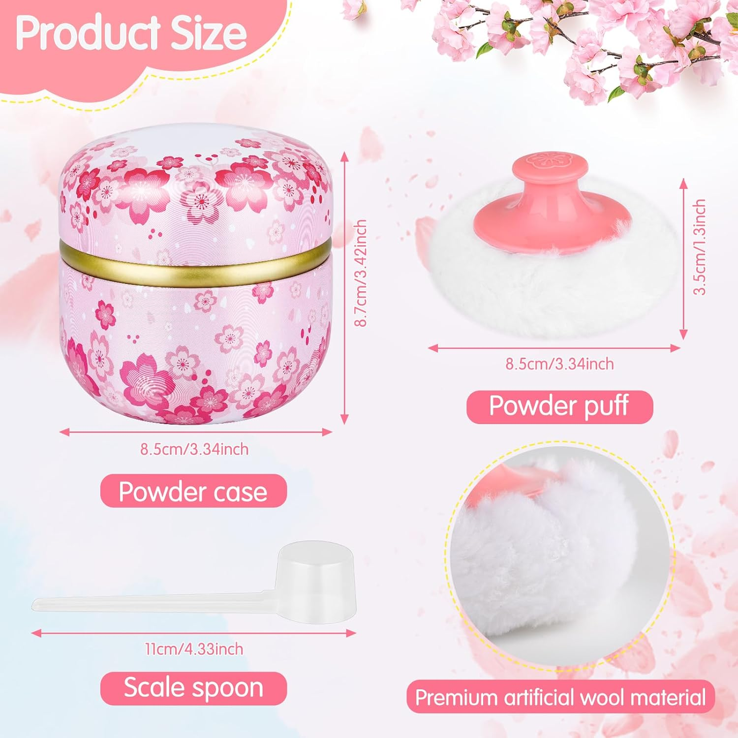 3 Pieces Body Powder Puff and Container, Baby Powder Container Floral Pattern with Large Fluffy Plush Puff Spoon, Baby Woman Loose Dusting Powder Tea Box for Home & Travel Use (Pink, Blue and Yellow) image number 1