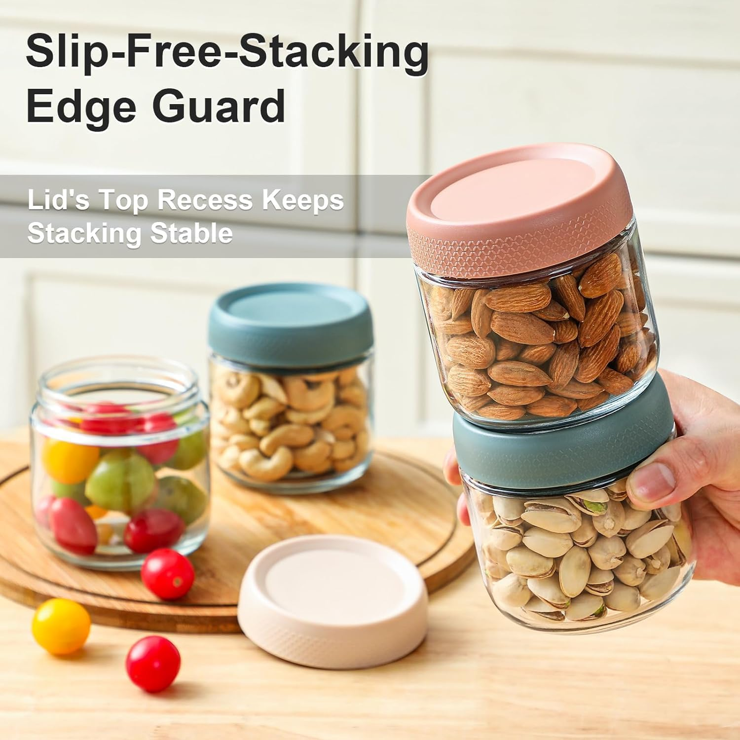 6 Pack Overnight Oats Containers with Lids,Reusable Glass Jars with Airtight Lids Wide Mouth Mason Salad Jar Meal Prep Jar for Overnight Oats, Cereal,Yogurt,Salad(10Oz/350Ml)