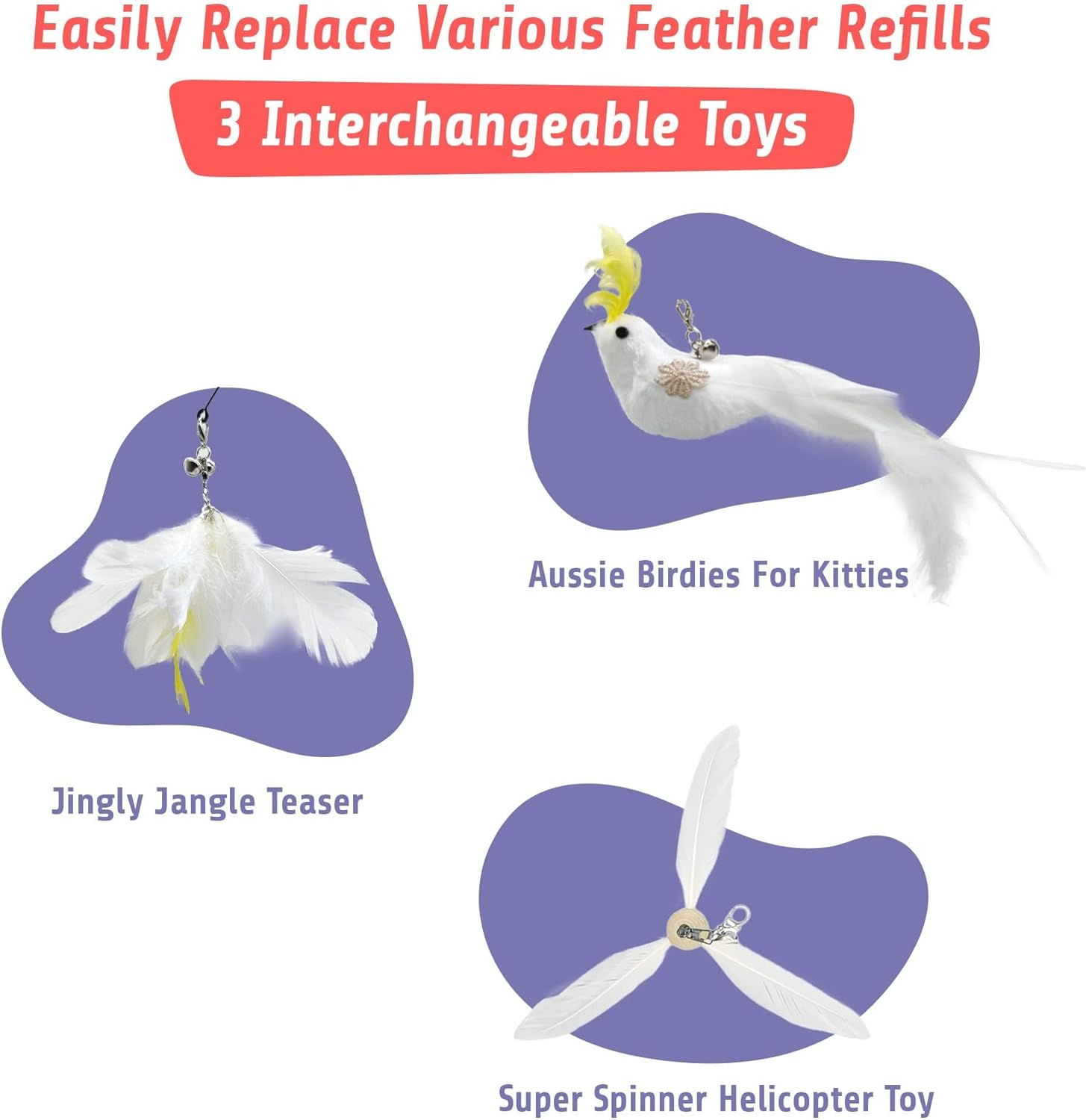 Cockatoo Wand Toy Set &ndash; Interactive Cat Wand with Wooden Handle & 6 Feather Attachments, Includes 2 Bird Toys, 2 Jingle Jangle Toys & 2 Helicopter Feather Toys &ndash; Vet Designed image number 4