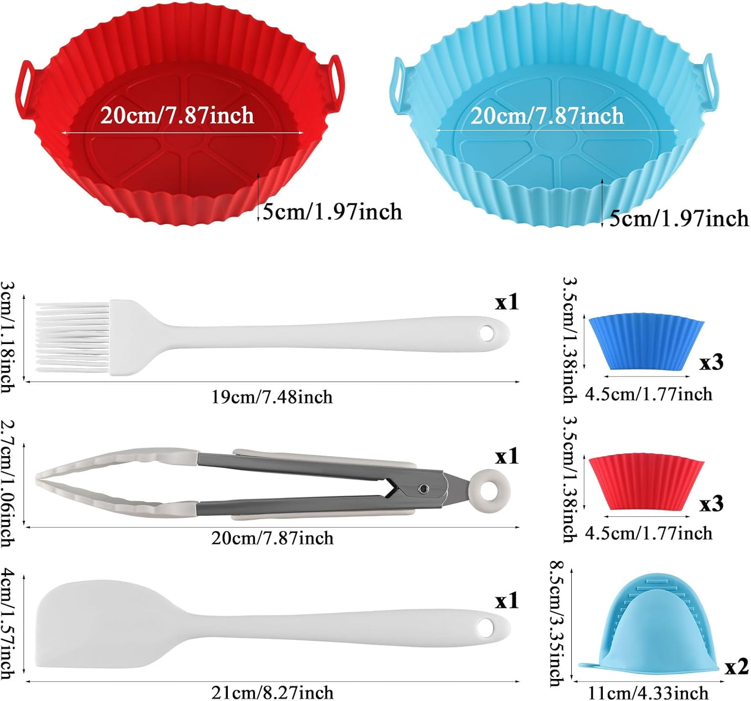 Silicone Air Fryer Liners Reusable,2 Silicone Air Fryer Liners round Airfryer Liners,6 Muffin Cup,1Cooking Tongs,1Oil Brush,2Oven Gloves,1Spatula(Bb13Pack) image number 1