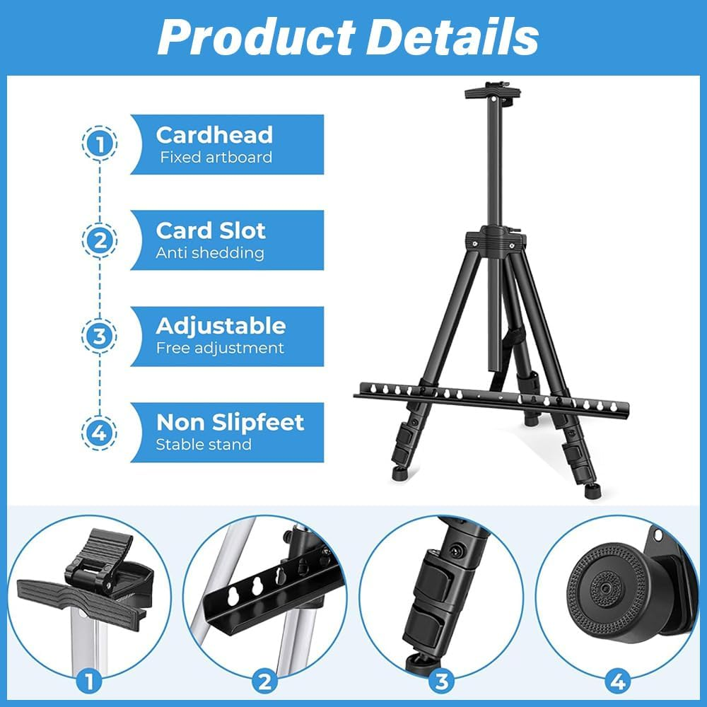 Art Painting Easel, Aluminum Alloy Portable Telescopic Painting Stand, Adjustable Foldable Tripod for Painting Canvas, Suitable for Tabletop, Floor Painting and Advertising Display. (Black) image number 3