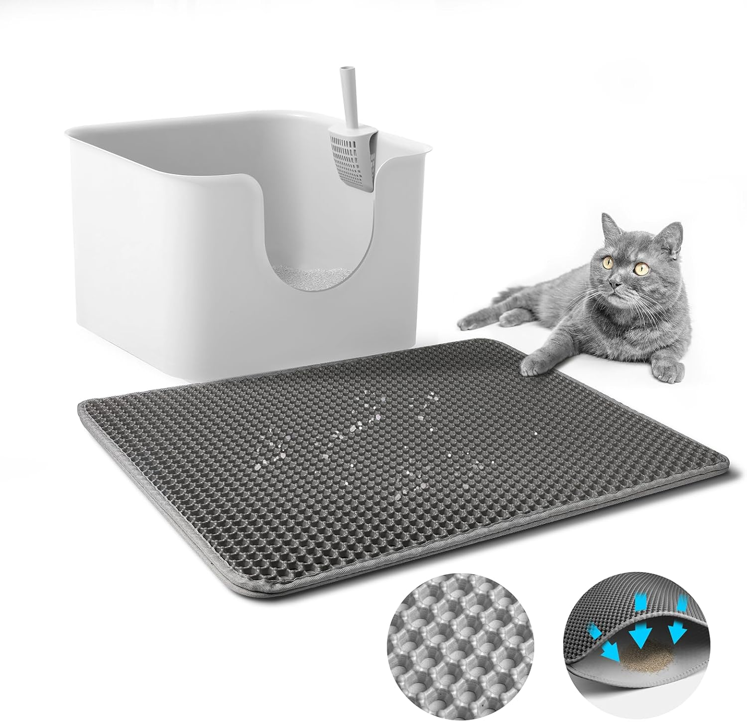 Baytion Cat Litter Mat, Litter Tray Mat 60 X 44 Cm for Cat Litter Box and Cat Toilet, Double Layer Trapping Mat, Big Honeycomb Holes, Waterproof Urine Proof, EVA Material BPA Free (Gray） image number 3