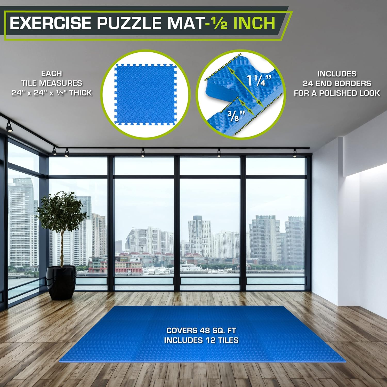 Prosourcefit Puzzle Exercise Mat &frac12; In, EVA Interlocking Foam Floor Tiles for Home Gym, Mat for Home Workout Equipment, Floor Padding for Kids, Blue, 24 in X 24 in X &frac12; In, 48 Sq Ft - 12 Tiles image number 5
