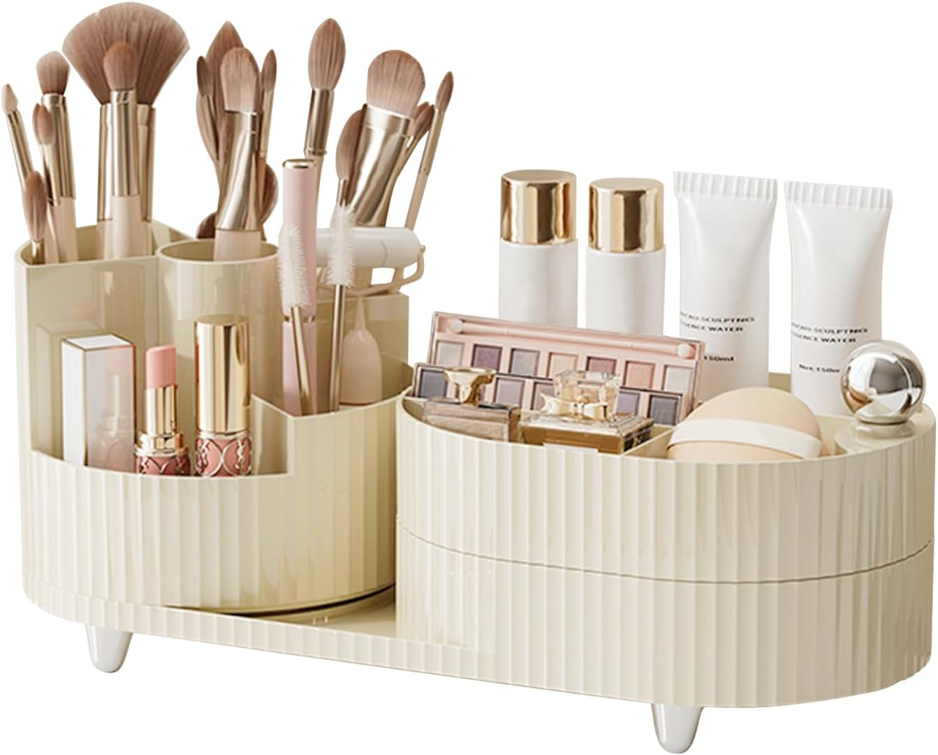 DASITON Makeup Organizer Countertop,360&deg; Rotating Makeup Brush Holder Organizer,Large Capacity Cosmetic Display Case with Drawers,Makeup Storage Organizer for Vanity,Desktop,Bathroom(Cream 02)