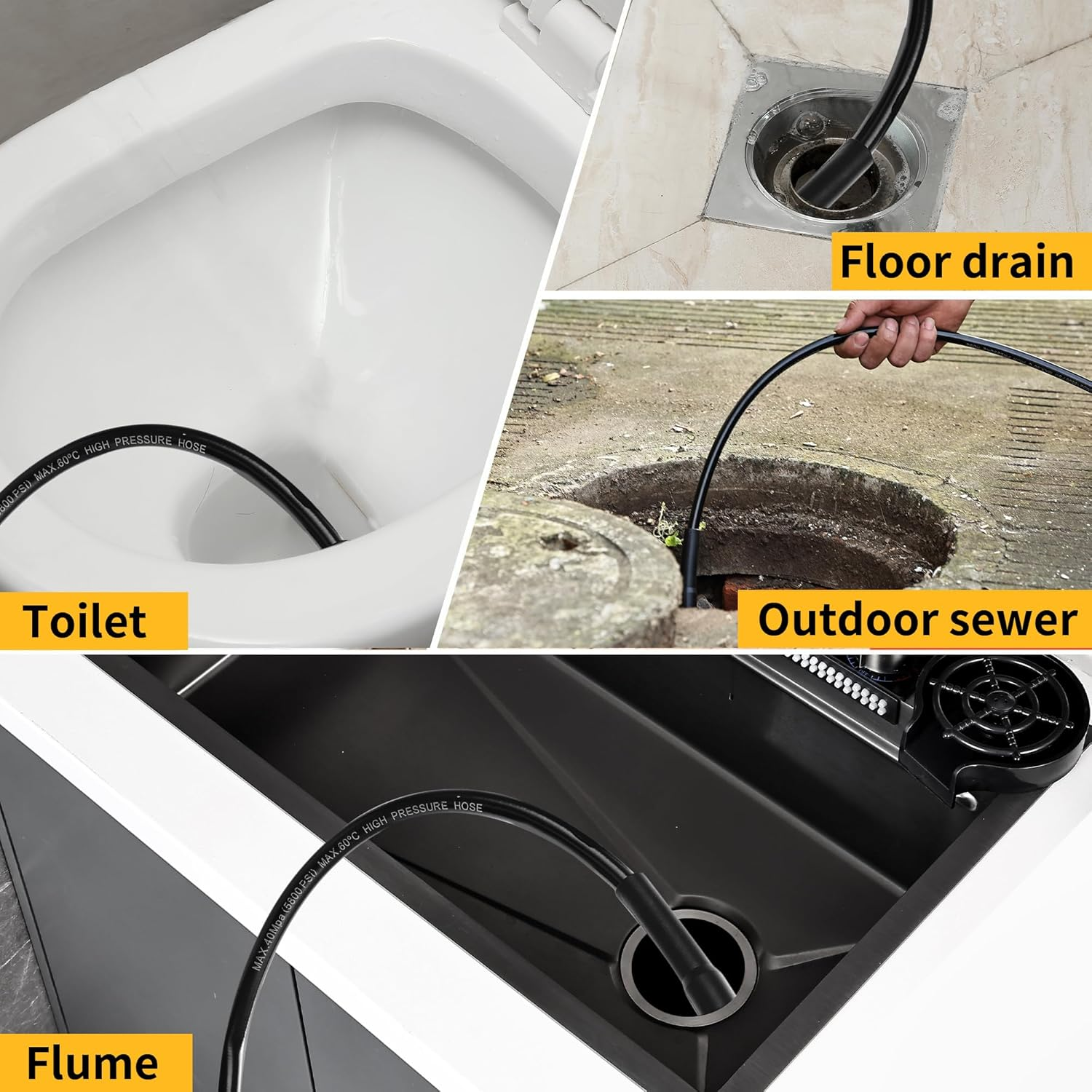 Pressure Washer Sewer Jetter Kits,100Ft X1/4" Hydro Drain Jetter Cleaner Hose, Rotating and Button Nose Sewer Jetting Nozzles Waterproof Tape,Orifice 4.0 4.5,1/4 Inch NPT,5800 PSI image number 5