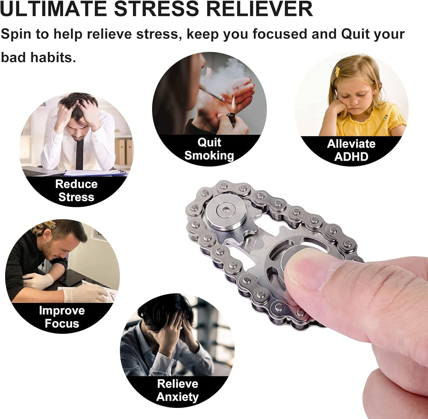 Bike Chain Gear Fidget Spinner, Metal Sprocket Chain Fidget Toy, Stress Anxiety Relief Fidget Toy, Stainless Steel Durable Mechanics W/Smooth Bearings EDC Novelty Toy (Silver) - Gun-Metal Plating Sprockets image number 3