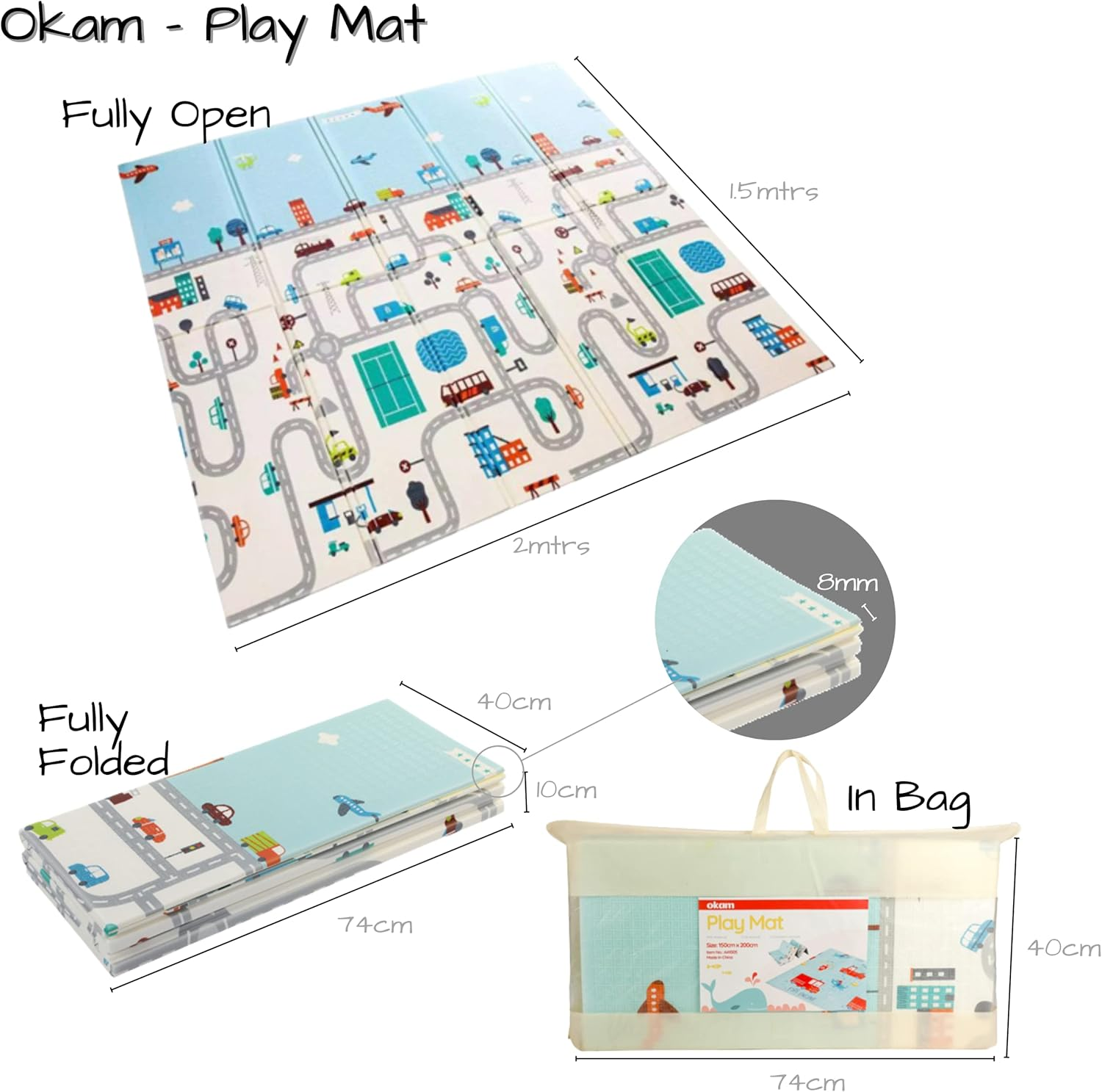Baby Play Mat & Gym Mat Large XPE Foam Kids Playmat Soft Waterproof Padded Floormat 2Mx1.5M Foldable Reversible Also Suitable as Rug for Playpen with Free Storage & Travel Carry Bag; Fire Engine Design on 1 Side and Road Track Design on the Flip Side image number 4