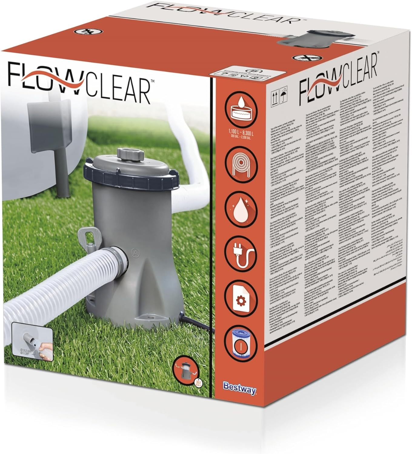 Bestway Pool Filter Pump, 1249L/H Water Cleaner Cartridge Filters Pumps above Ground Swimming Pools Flowclear for Home Garden Outdoor Indoor, with Adapters 330 Gallon Multicolour