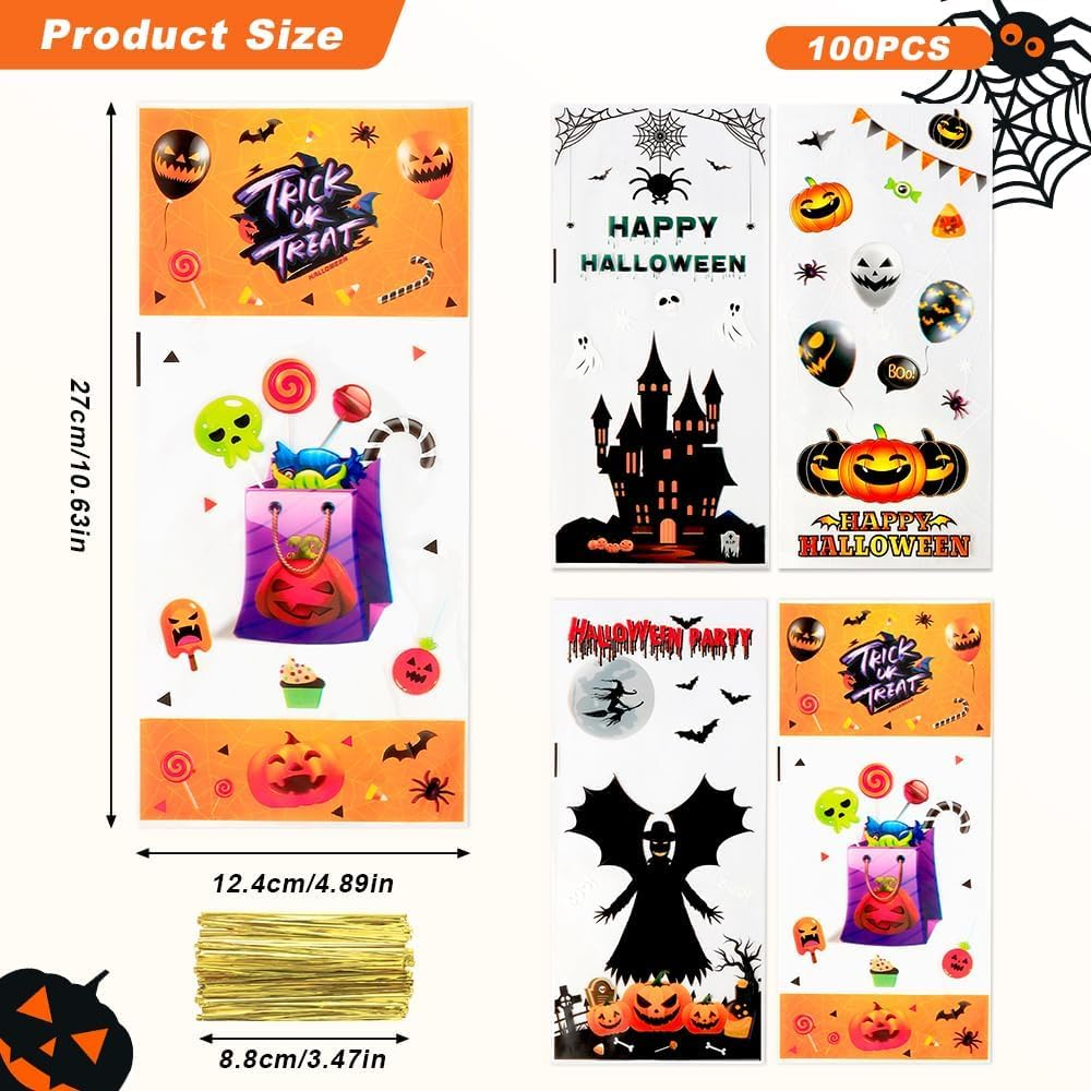Halloween Treat Bags Halloween Candy Bags Halloween Cellophane Treat Bags 200PCS Halloween Cello Cookies Goodie Gift Snacks Bags with Twists Tie for Halloween Trick or Treat Party Favors Supplies image number 5