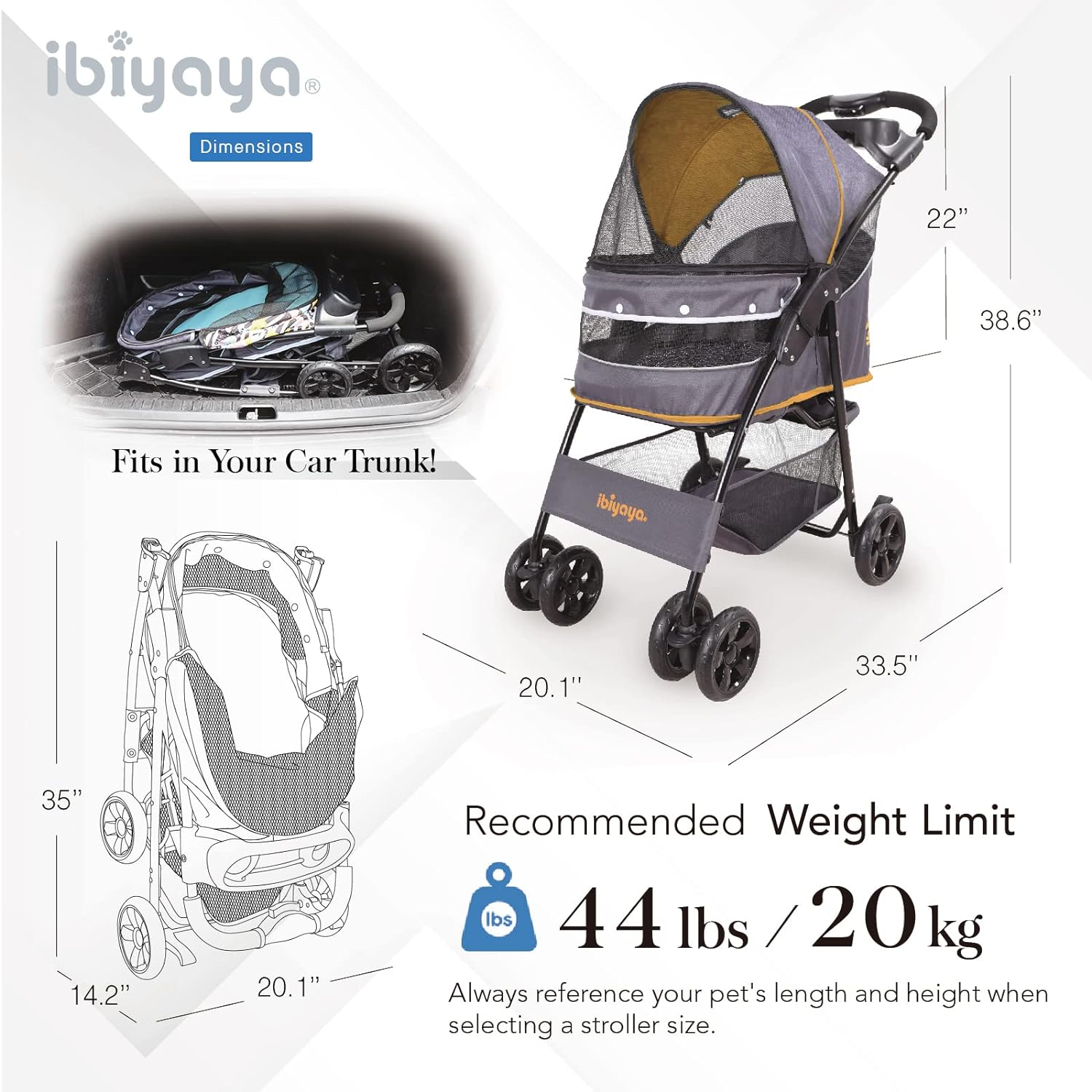 Ibiyaya Cloud 9 Pet Stroller for Dogs and Cats, Mustard Yellow image number 4