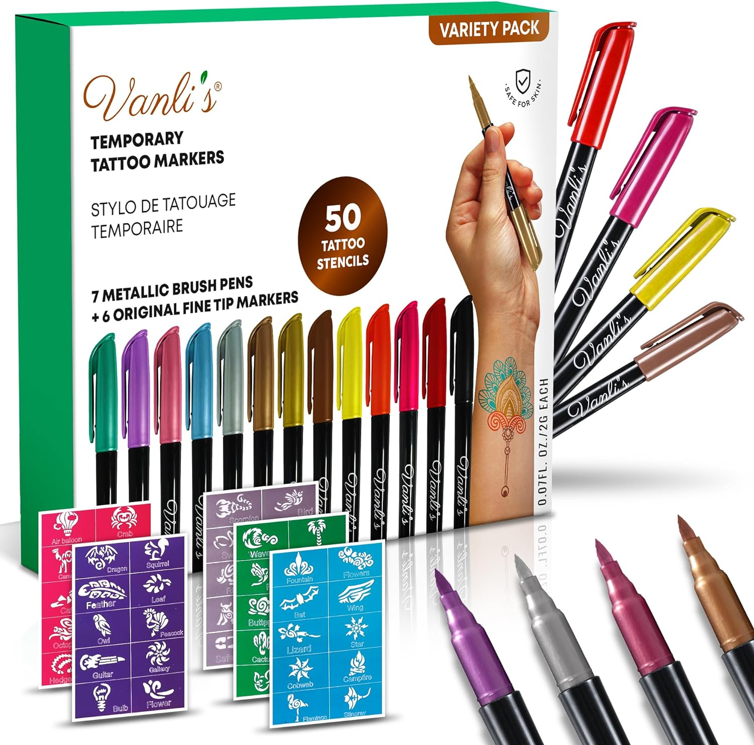 Vanli'S Temporary Tattoo Markers - Stocking Stuffers for Teens, Kids, Adults, Trendy Body Marker, Skin Safe & Colored Ink Tattoo Pens for Body & Face Art with 50 Tattoo Stencil Papers, 13 Pens-Variety image number 6
