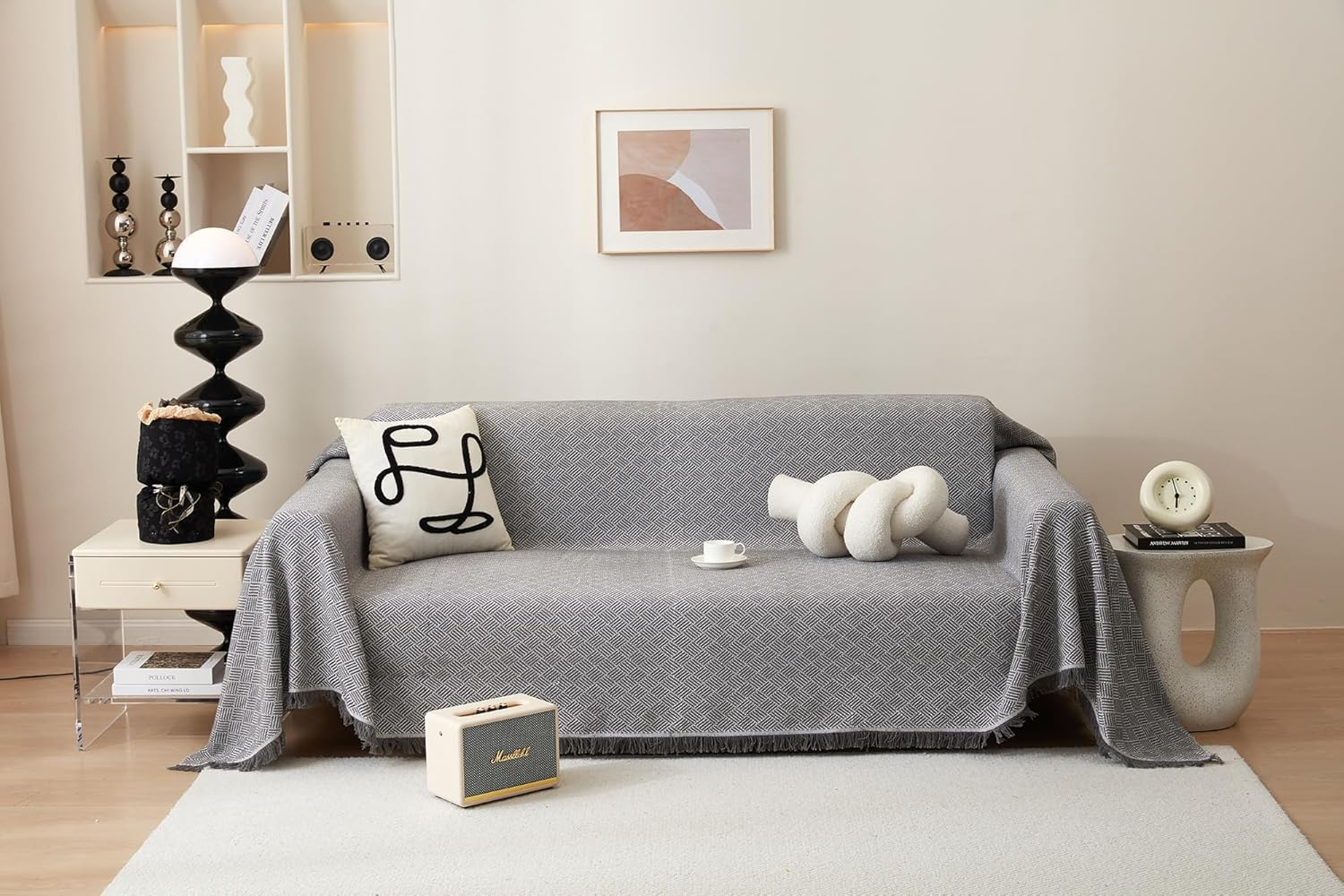 Sofa Cover Blanket, L Shape Sectional Couch Covers Protector (NOT for Dog Cat Pet) Weaved (Grey, 180X380Cm/71X150) image number 2