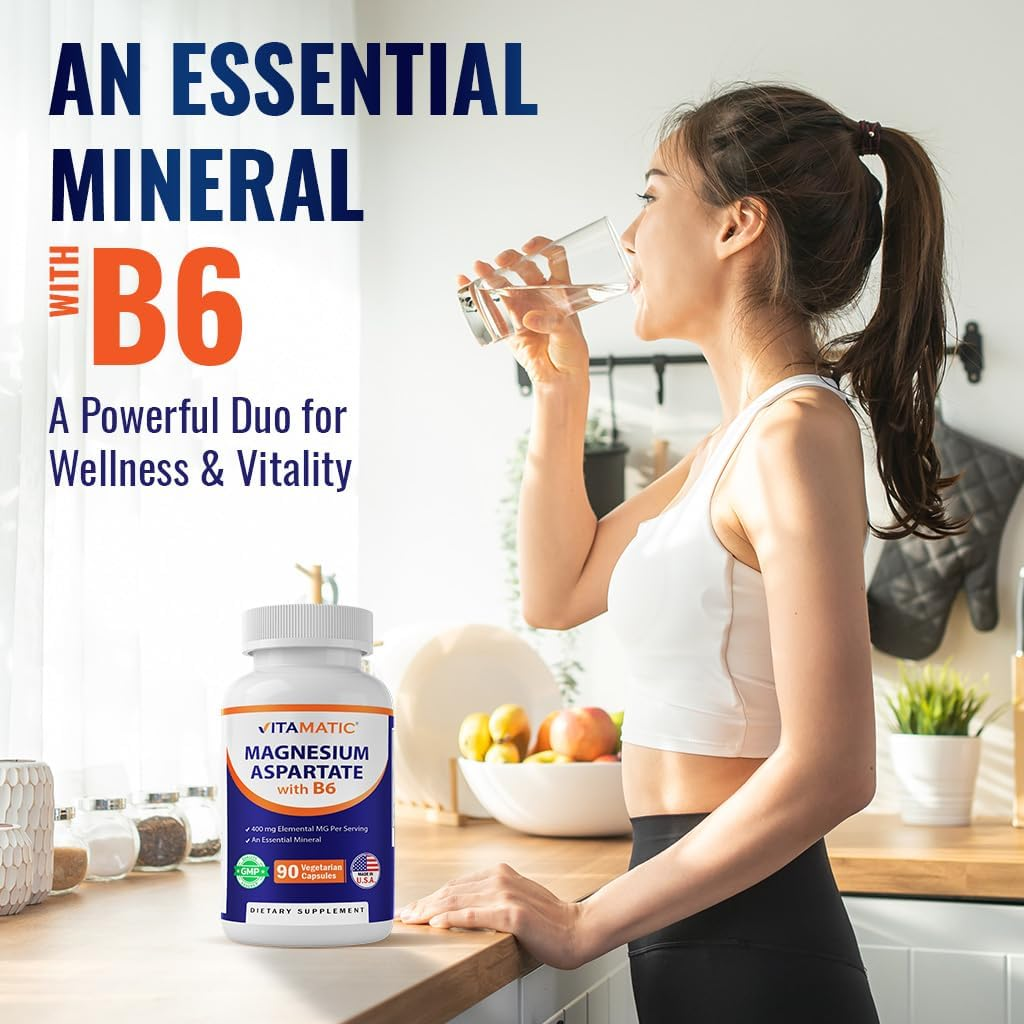 Vitamatic Magnesium Aspartate 400Mg per Serving - 90 Vegetarian Capsules - Added B6 for Maximum Absorption - Supports Muscle, Joint, and Heart Health* image number 1