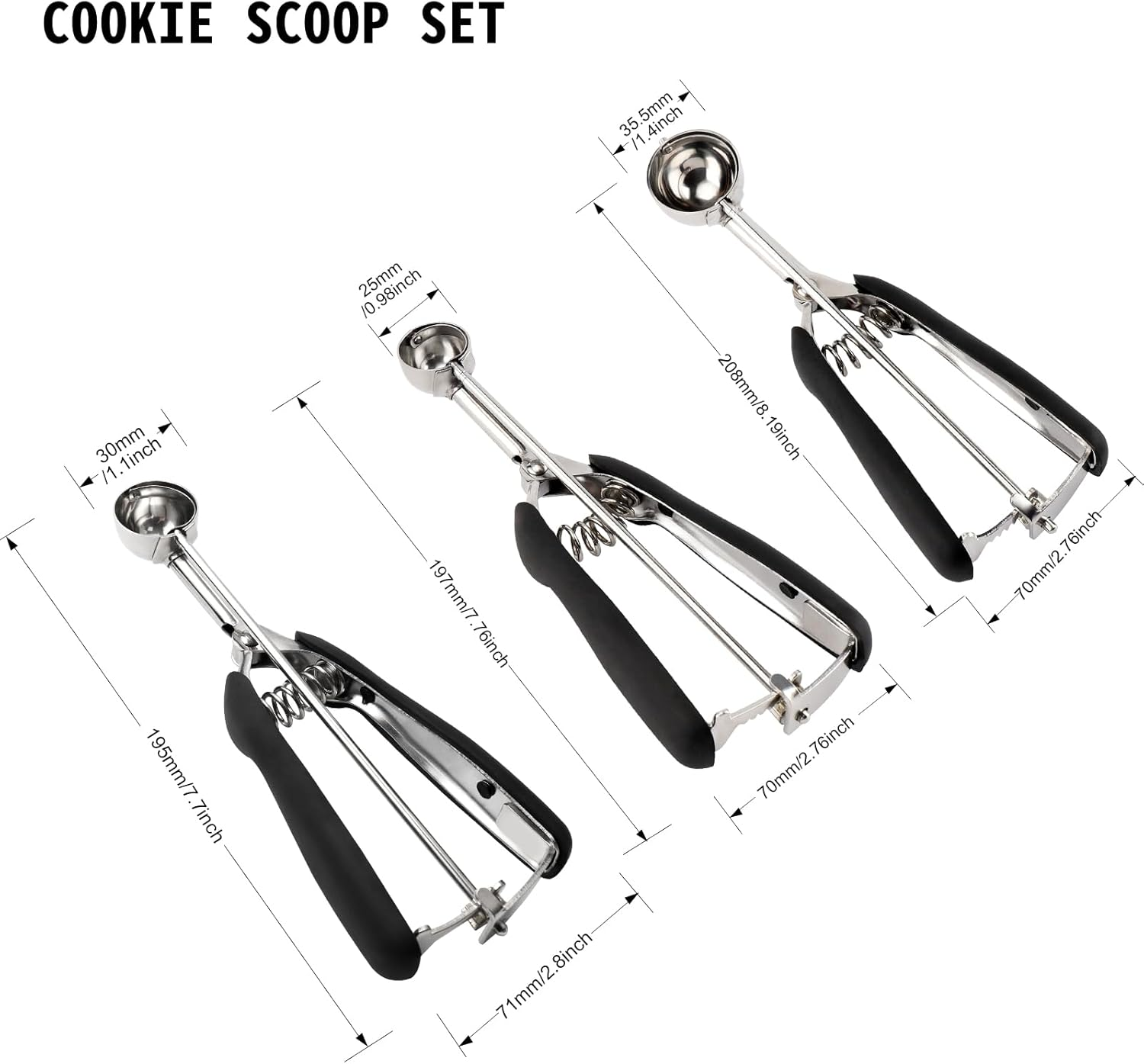 TJ POP Small Cookie Scoop Set - 3 Pcs Include 1 TSP / 2 TSP / 3 TSP Cookie Dough Scoops Ice Cream Scoopers, 304 Stainless Steel Cookies Scoops for Baking, Good Soft Grips, Quick Trigger Release - 35 Mm image number 2