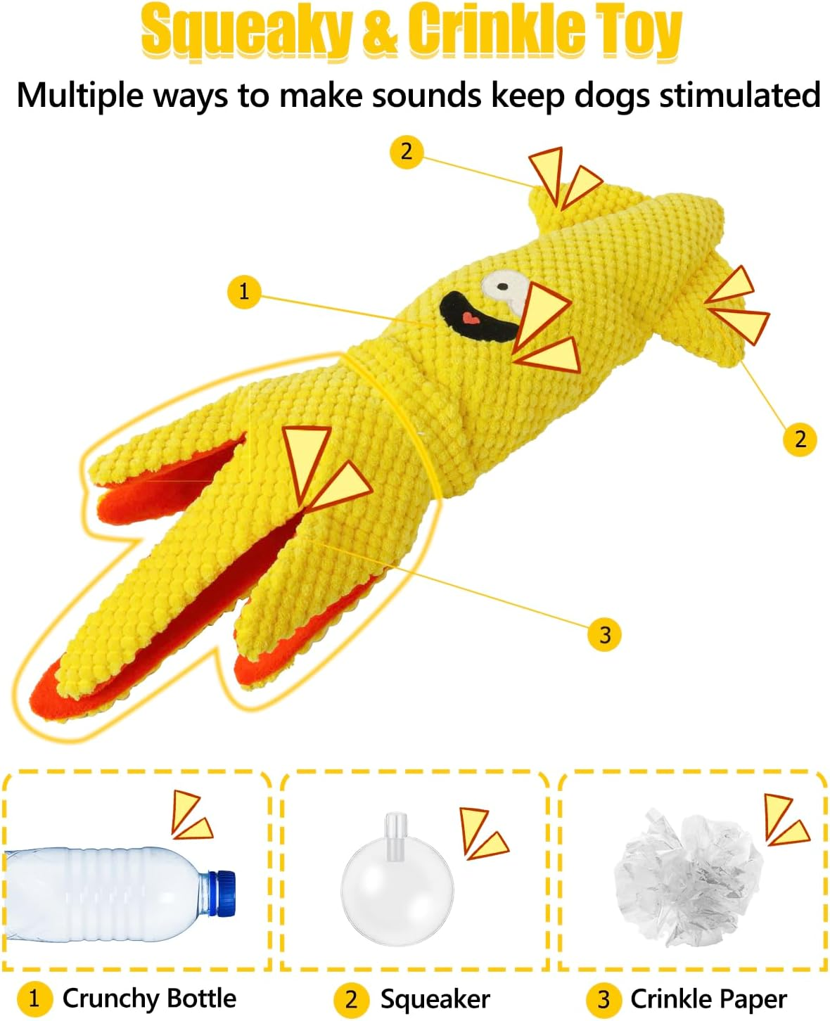 Squeaky Dog Toys No Stuffing Crinkle Plush Water Bottle Toy Interactive Squawking Octopus Pet Chew Toy for Puppy Small Medium Large Dogs (Yellow-Octopus) image number 1