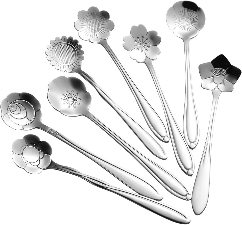 Ansaw 8 Pcs Flower Spoon Set, Stainless Steel Reusable Tea Scoops for Stirring, Coffee, Mixing, Sugar, Dessert, Cake, Ice Cream - Tableware for Tea Parties (Length: 4.9 Inch, Gold)