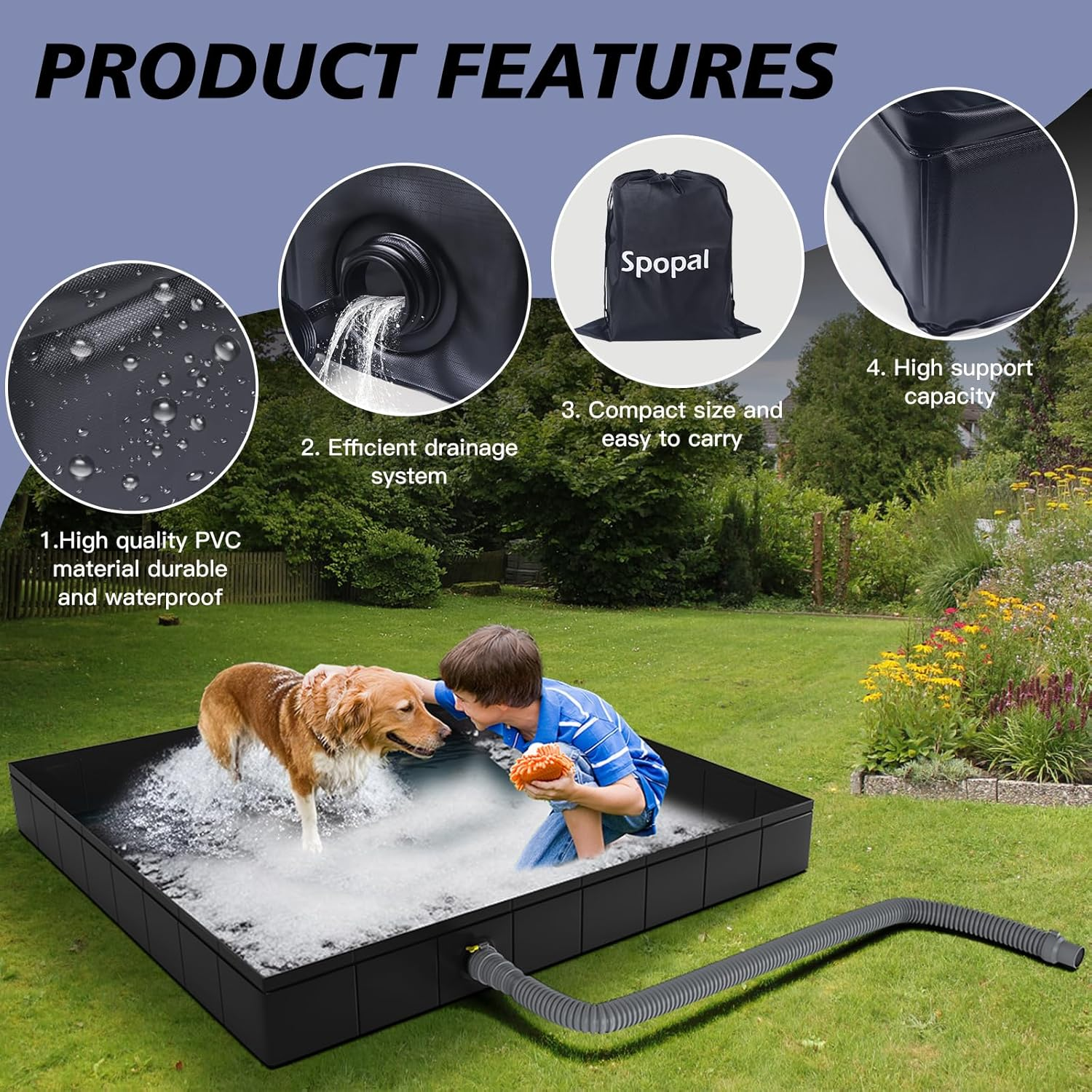 Portable Shower Pan, Spopal Foldable Shower Base & Basin Floor with Detachable Drain Pipe, 104 X 104 X 13Cm, for RV, Shower Tent, Camping, Outdoor, Indoor Shower Stall Enclosures, Bathing Pets (Black) image number 2