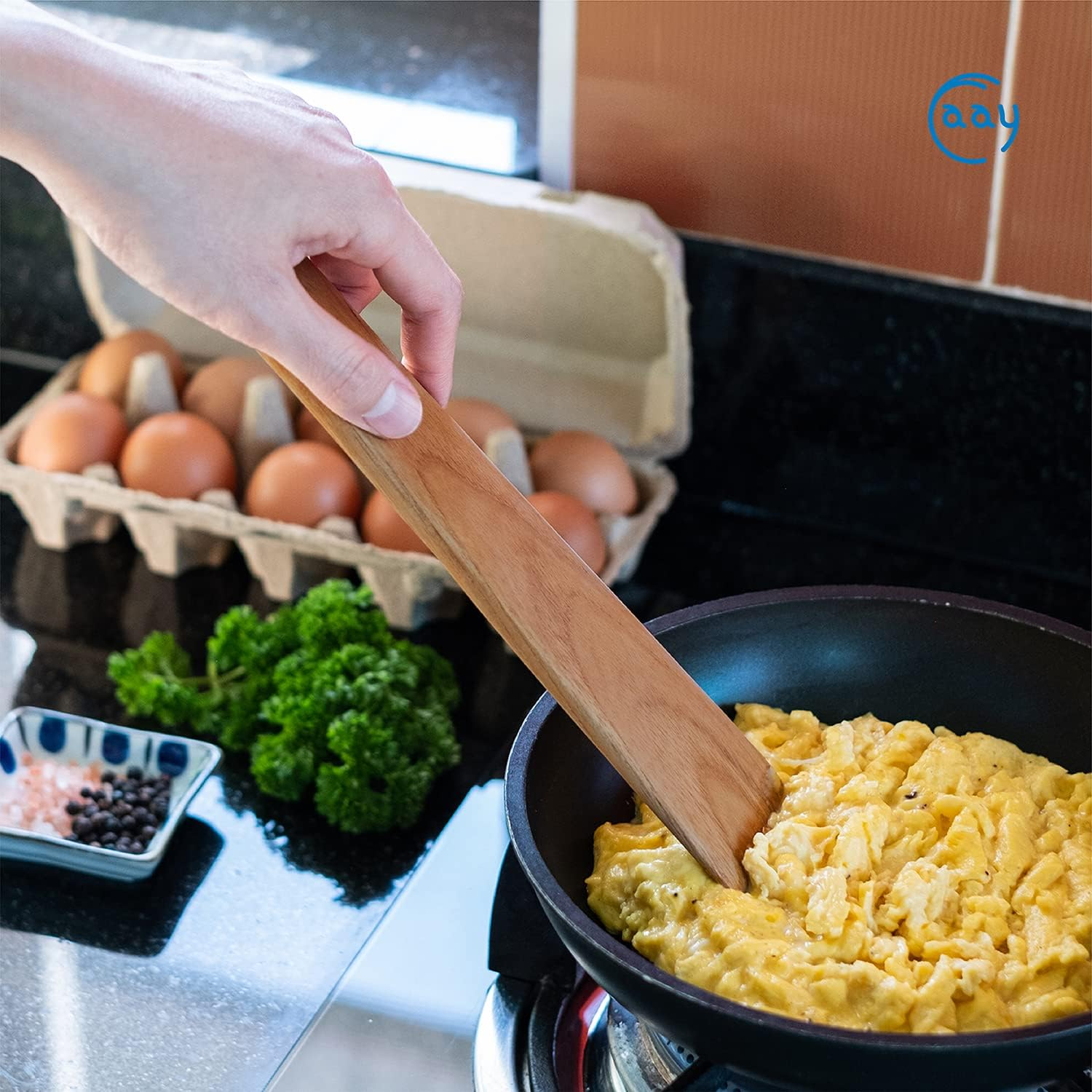 FAAY 10" Flat Wooden Spatula for Cast Iron, Egg Flipper, Pan Scraper, Handcraft from High Moist Resistance Golden Teak for Non Stick Cookware (10") image number 1