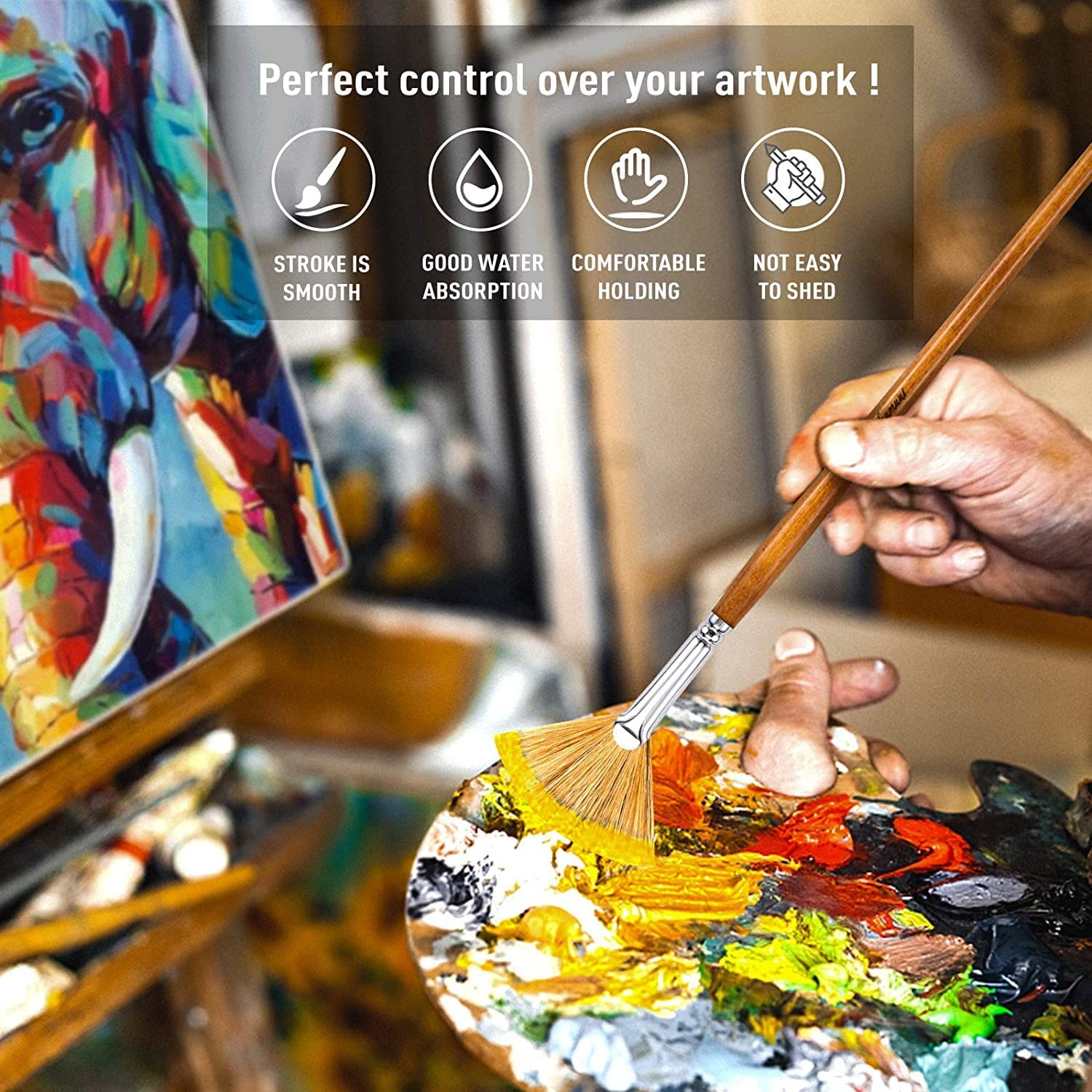 Fan Paint Brushes Set - 9Pcs Artist Drawing Brush, Soft Nylon Hair, Wood Long Handle, Fan-Shaped for Painting image number 5