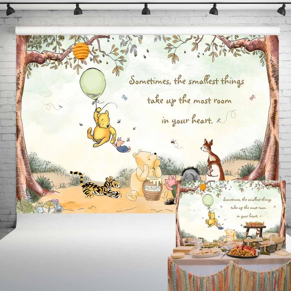 Vintage Pooh Bear Baby Shower Decorations Classic Winnie Neutral Backdrop with Green Balloon Newborn Birthday Cake Table Background 7X5 Ft 97 image number 3