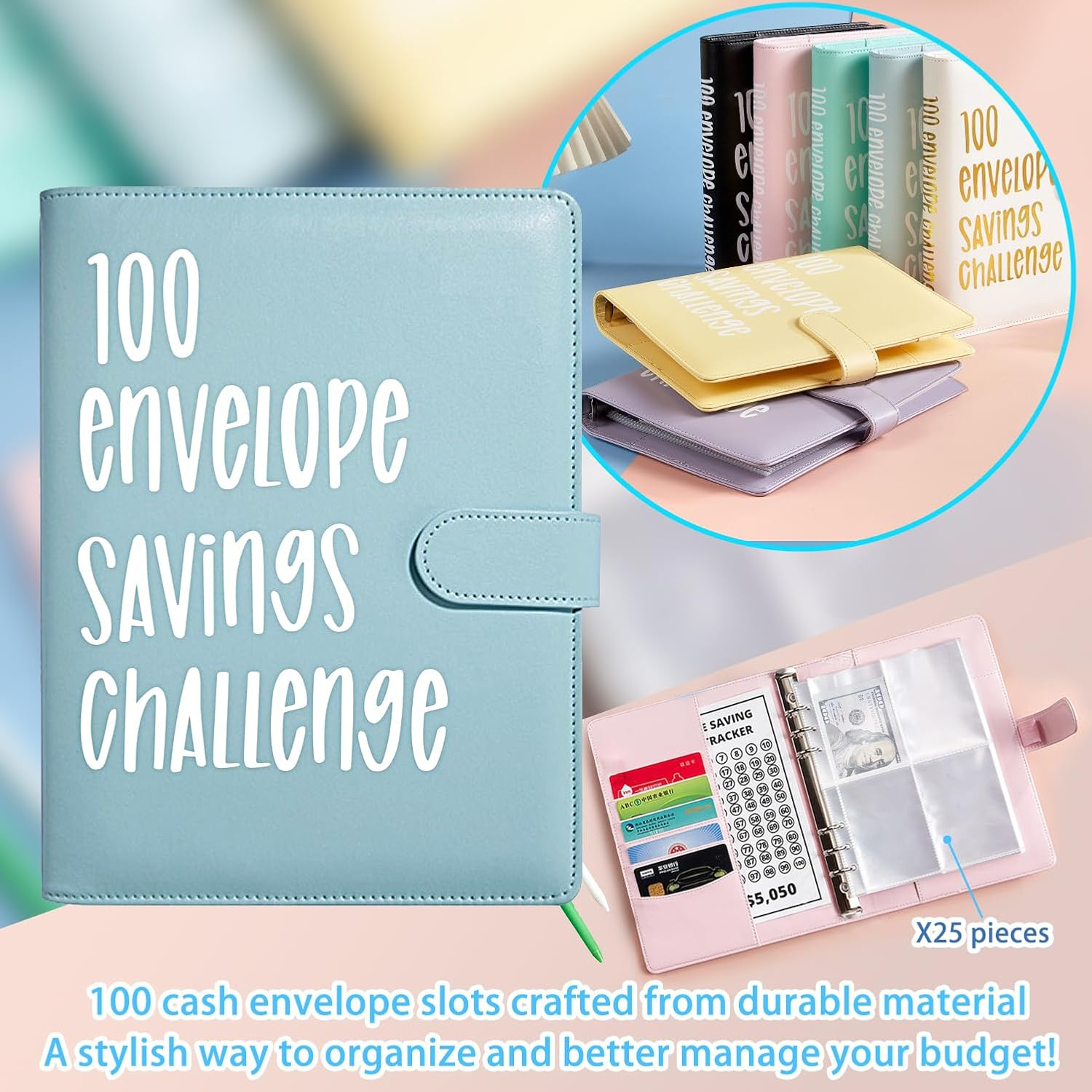 100 Envelope Challenge Binder, Savings Challenges Sheets,Easy and Fun Way to save $5,050, Budget Binder with Cash Envelopes, Savings Challenges Binder, Budget Planner Book for Budgeting (Purple) image number 4