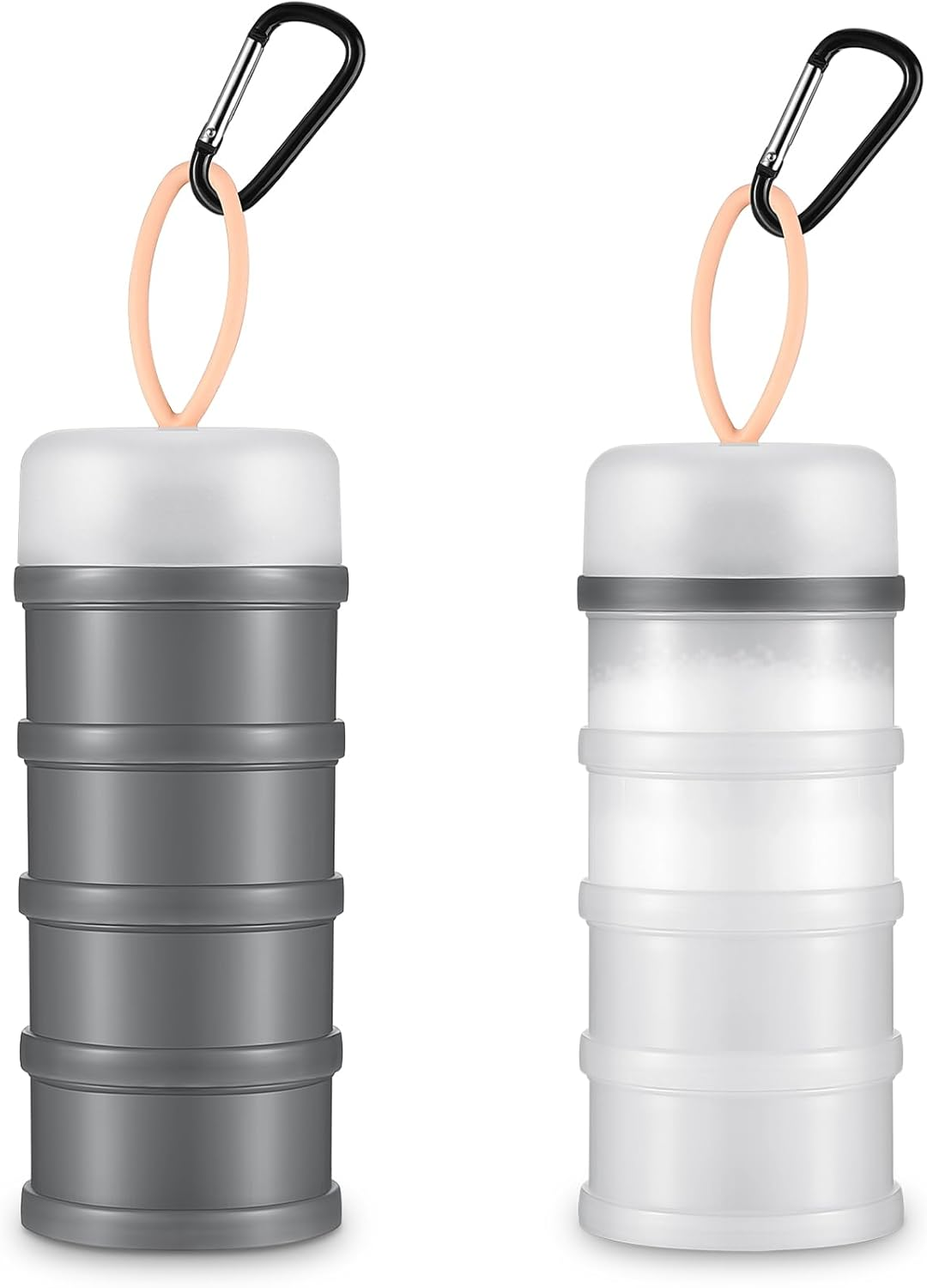Baderke 2 Pcs Protein Container with Funnels Stand, 4 Stackable Leakproof Dispenser, Portable Keychain Container for Workout, Fitness, Travel (Gray, White)