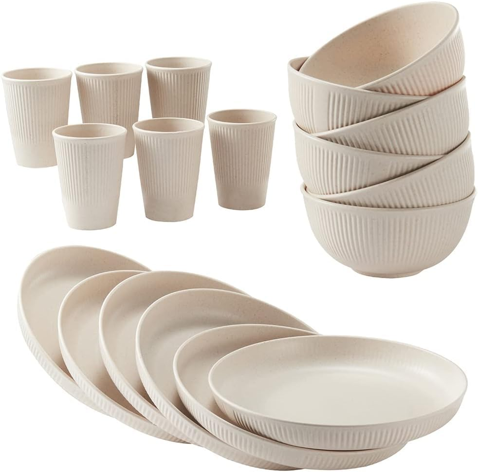 HOMIEST 18Pcs Wheat Straw Dinnerware Sets Unbreakable Reusable Dinnerware Set Kitchen Cups Plates and Bowls Sets Dishwasher Microwave Safe Plates image number 5
