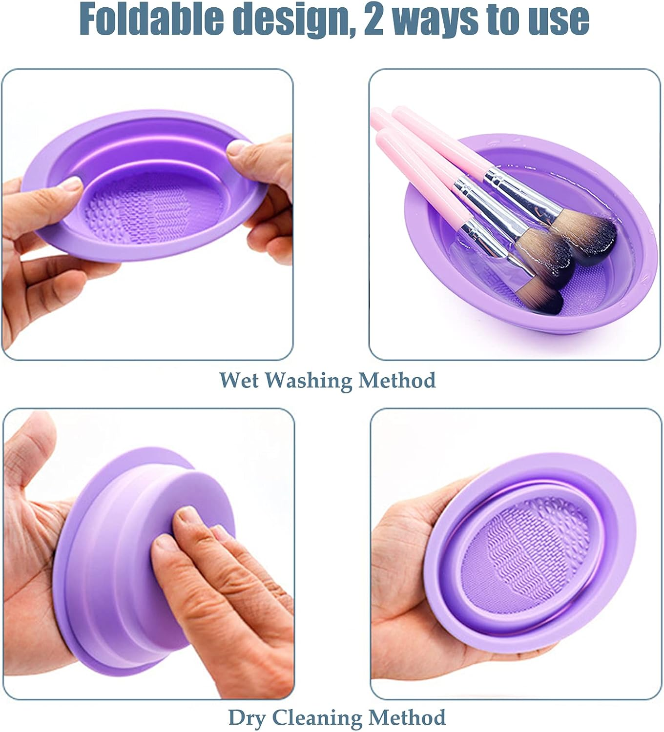 (Purple) - Silicone Makeup Brush Cleaning Mat, Cosmetic Brush Cleaner, Brush Cleaning Pad, Foldable Makeup Brush Cleaning Bowl, Suitable for Makeup Brush, Makeup Sponge, Powder Puff (Purple)
