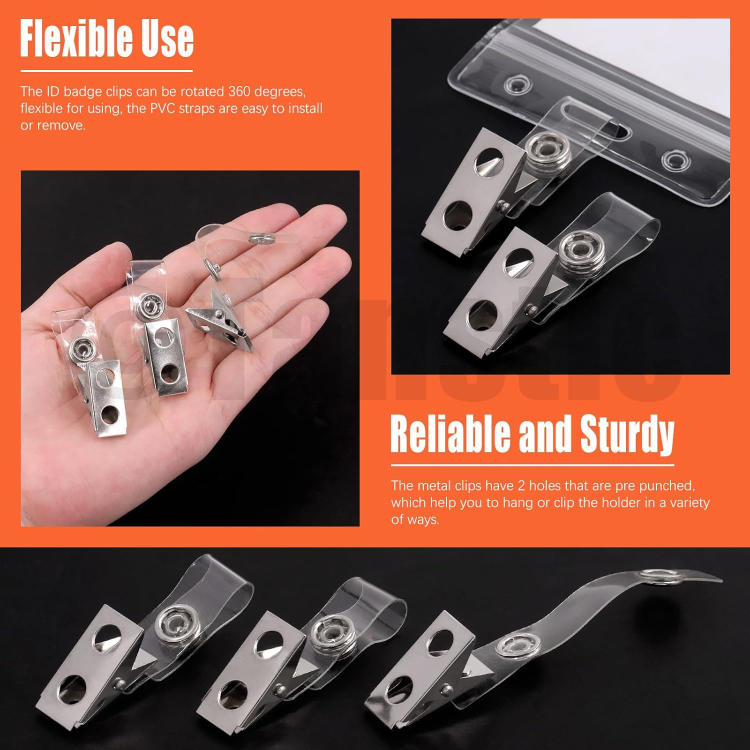 Tanstic 50Pcs Metal Badge Clips with Clear PVC Straps, Name Tag Clips, Double Hole ID Badge Clip, Badge Strap Clip ID Card Clip for ID Cards, Badge Holders, Name Tags image number 5
