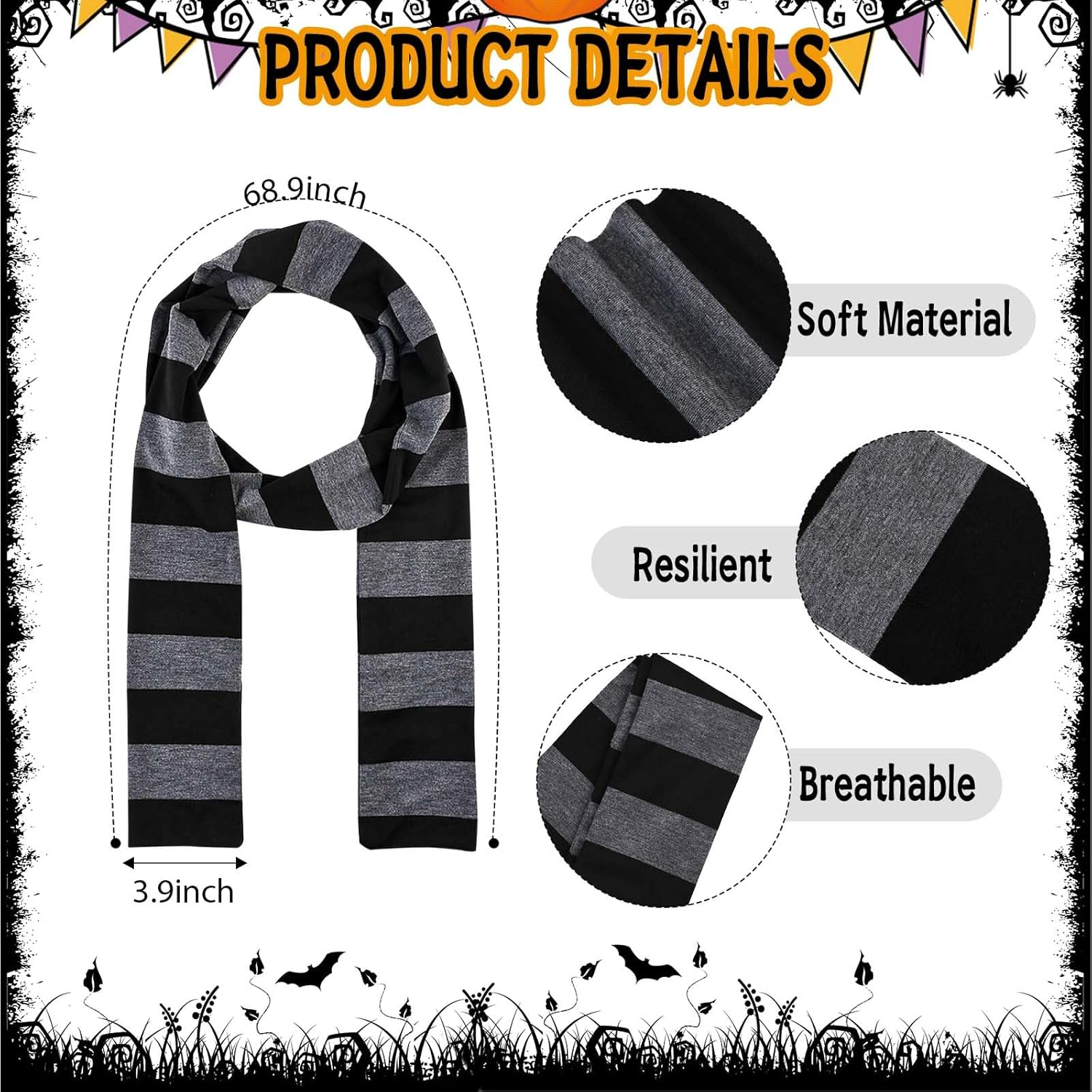 3 Pcs Black Gray Striped Scarf Fake Witch Nose Bald Head Cap for Adults Men Halloween Party Costume Dress Up, Multi, One Size image number 1
