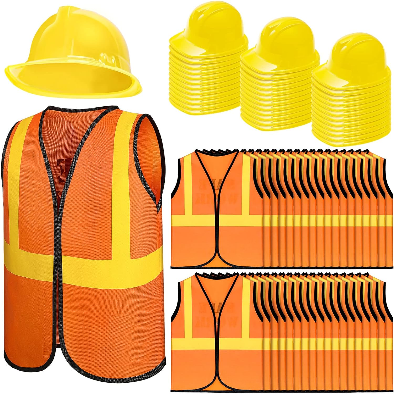 72 Pcs Construction Worker Costume for Kids Including 36 Construction Hat and 36 Construction Vest Construction Theme Birthday Party Supplies for Dressing up Supplies Birthday Role Play Accessories image number 1