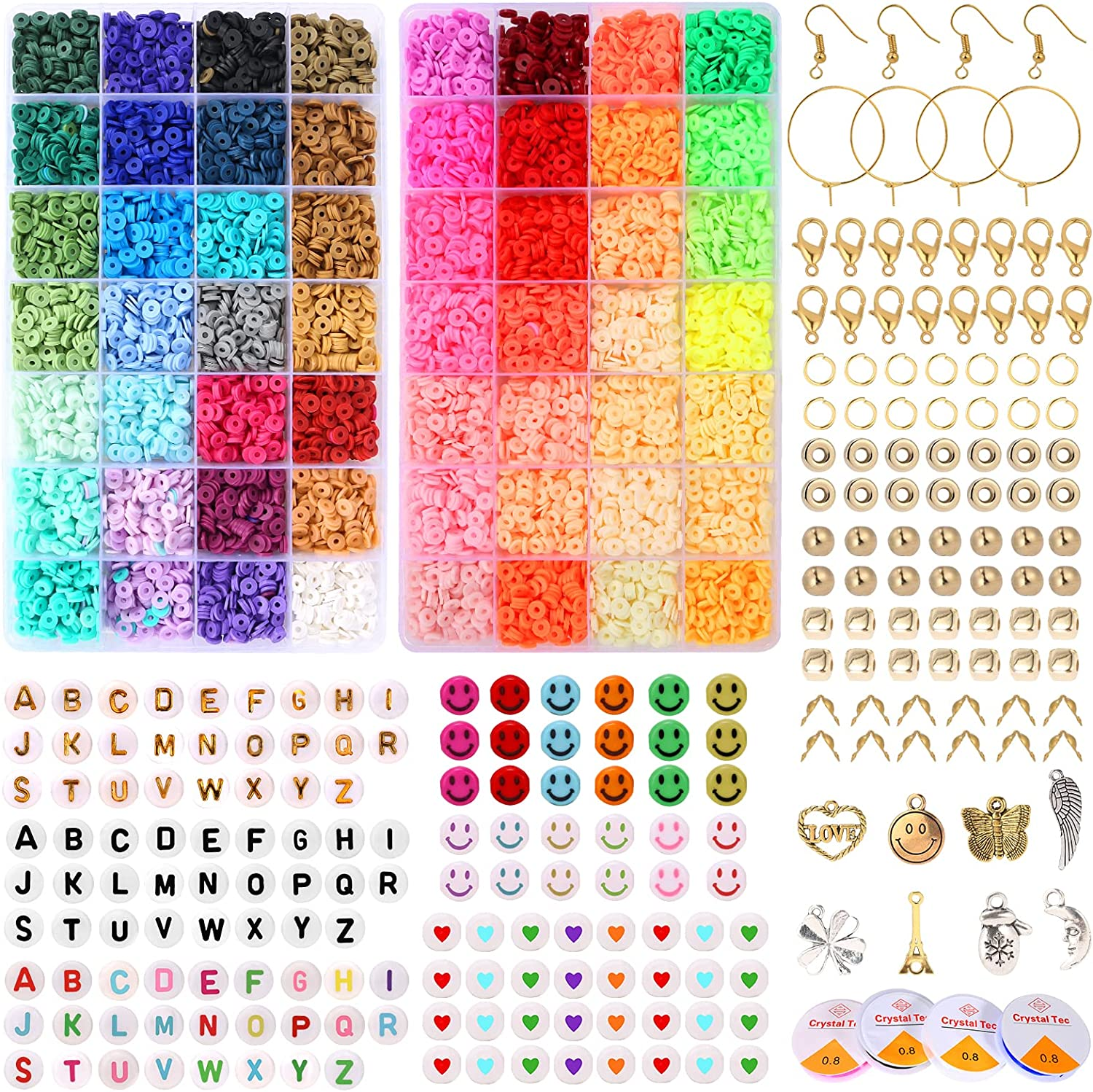 15000 Clay Beads for Jewelry Bracelet Necklace Making Kit, Flat round Polymer Clay Beads with Elastic Strings Pendant Charms Kit image number 4