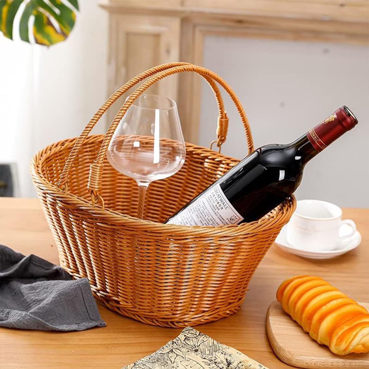 AIMALL 1 Piece Rattan Picnic Basket 10.6X13.8X5.9 Inches Handwoven Portable Basket for Outdoor, Supermarket Shopping, Storage and Pastoral Picking image number 1