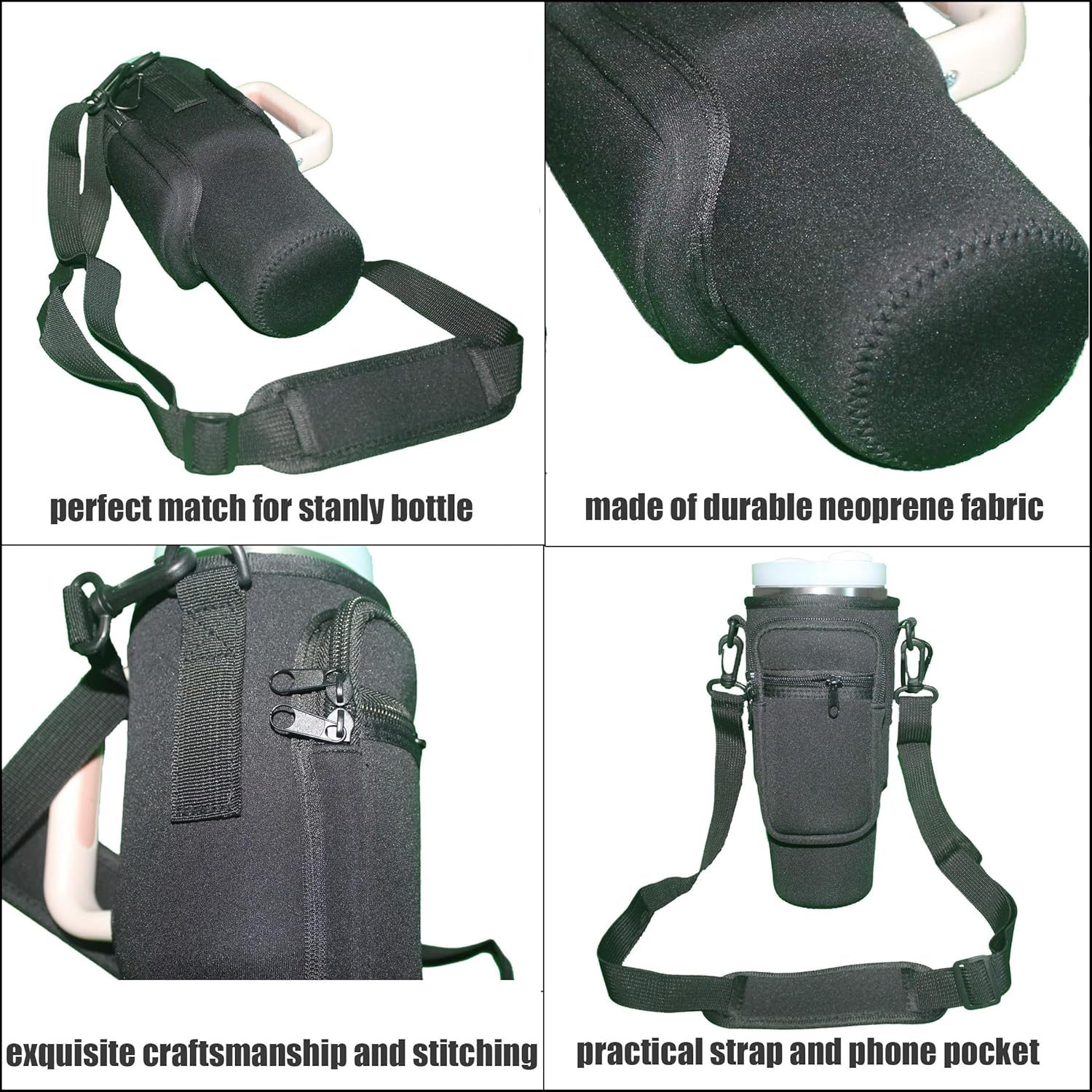 Water Cup Holder Bag for 40Oz Stanley Quencher H2.0 & Adventure Tumbler, Made of Neoprene Durable Fabric with Adjustable Shoulder Strap and Come with One Straw Cover (Black) image number 3