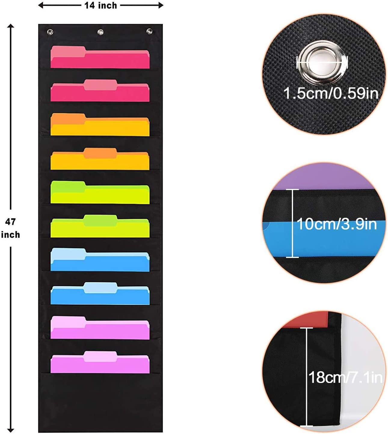 Black Storage Pocket Chart with 10 Pockets 3 over Door Hangers Included Hanging Wall File Organize image number 1
